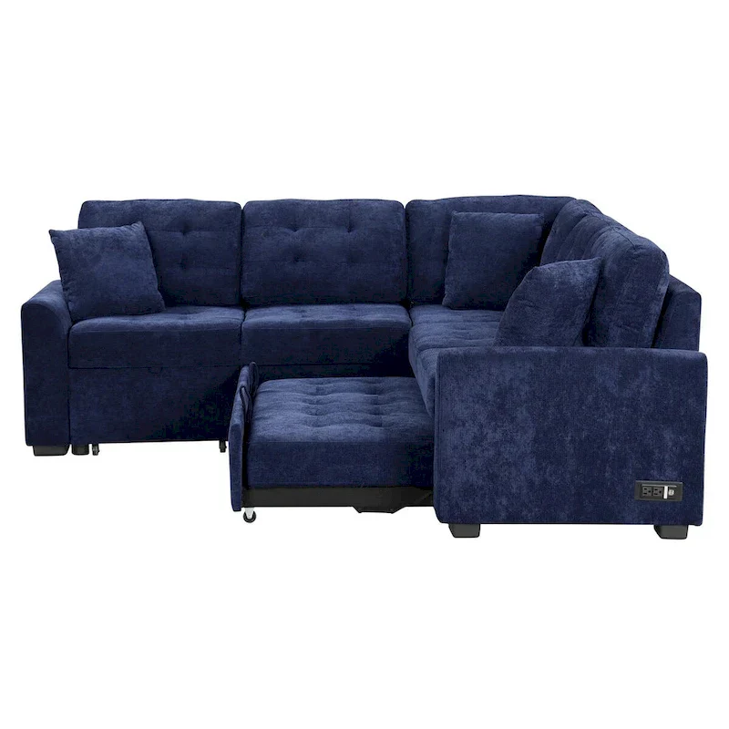 82.6-Inch L-Shaped Sleeper Sofa with Pull-Out Feature, Wheels, USB Ports, and Power Sockets - Dimensions: 82.6W x 82.6D x 33H