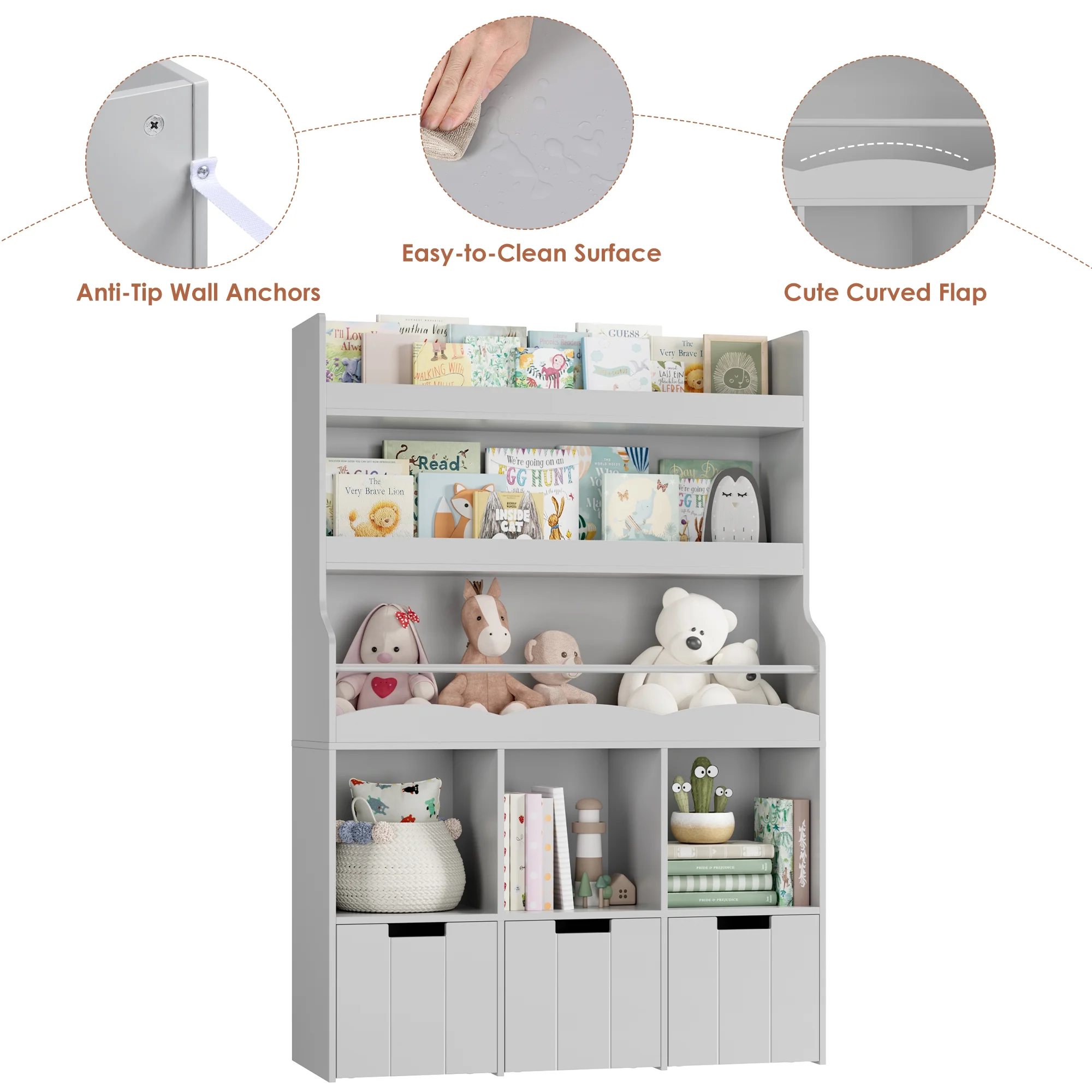 Homfa 55.5- H Kids Bookshelf with 2-Tier Book Shelves, Children Toy Organizer with 3 Cubes and Removable Drawers, White - Image 19