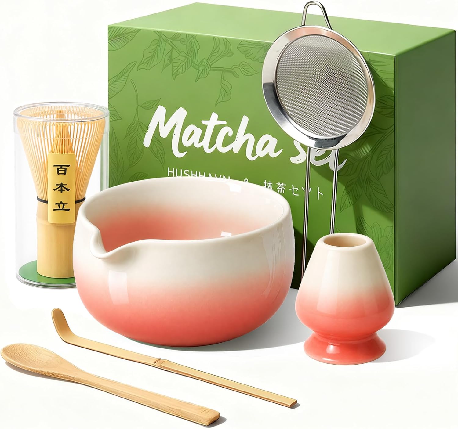 Matcha Whisk Set, Ceramic Matcha Set Includes Bowl & Holder, Bamboo Whisk (Chasen), Scoop, Spoon and Sifter, 6PCS Matcha Kit Covers Everything Needed for Making Matcha (Green)