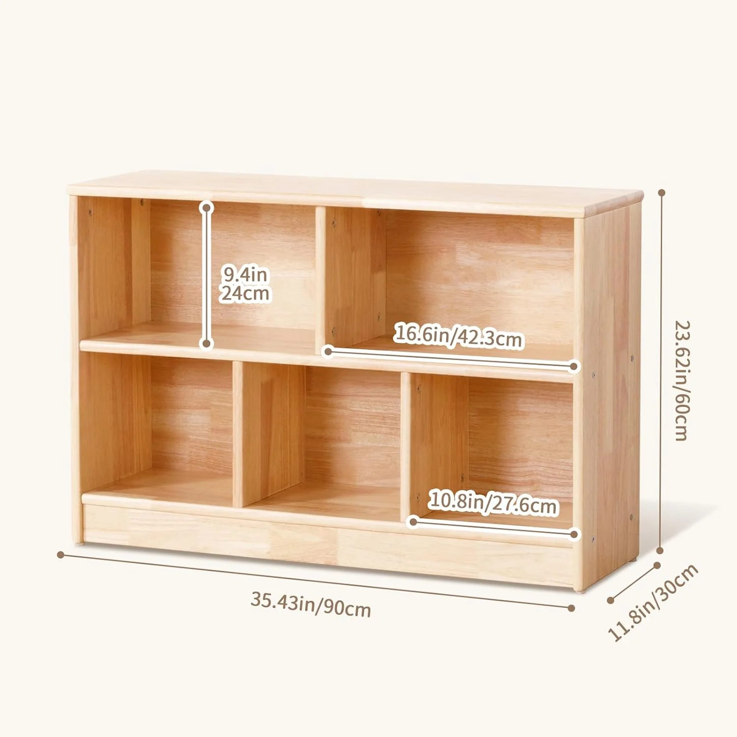 Rubber Wood 5-Compartment Montessori Shelf, 35.4" L Toddler Bookshelf, 2-Tier Wooden Storage Cabinet, Kids Classroom Organizer, Playroom, Daycare and Preschool Storage Shelves - Image 2