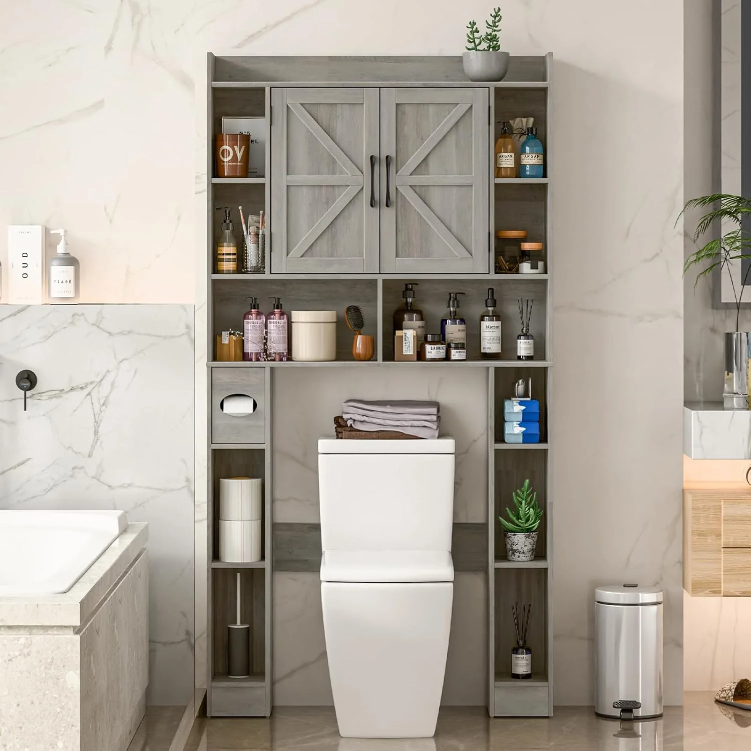 Vabches Over The Toilet Storage Cabinet, Freestanding Bathroom Space Saver with Adjustable Shelf and 2 Doors - Image 2