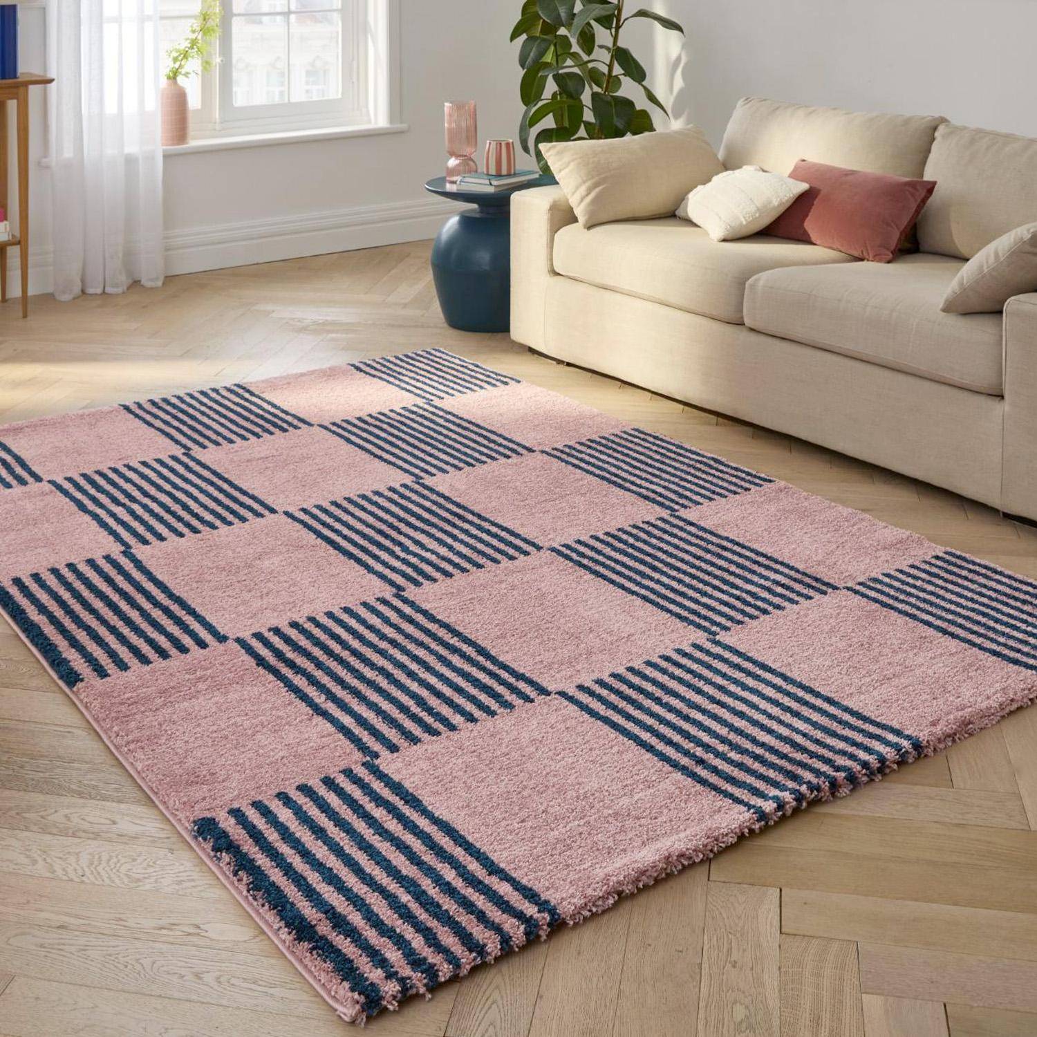 Fergew - Alfombra interior con motivo damero azul y rosa