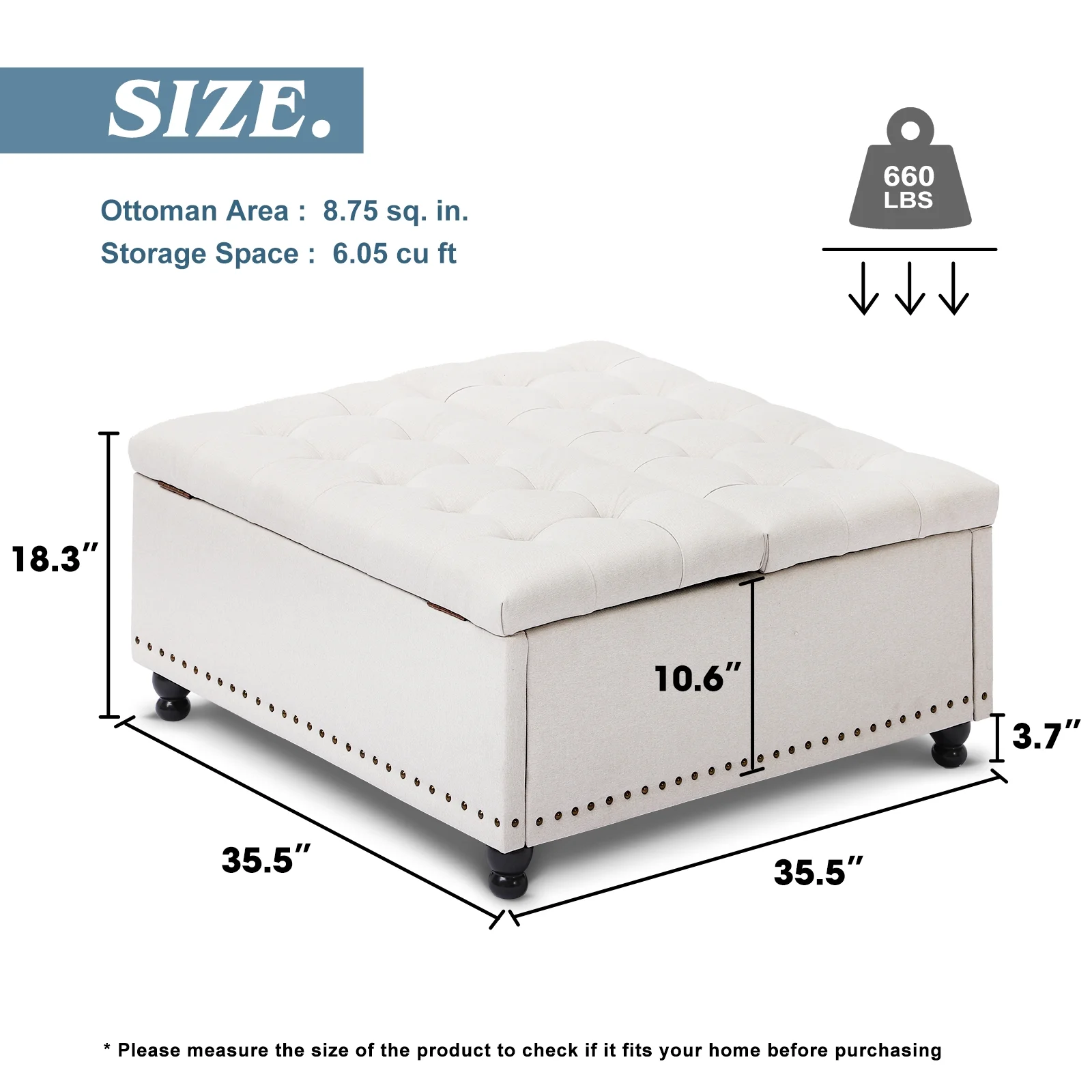 Magic Union 35" Large Square Storage Ottoman, Oversized Square Ottoman with Storage, Tufted Upholstered Ottoman Coffee Table with Lift Top for Living Room (Beige) - Image 7