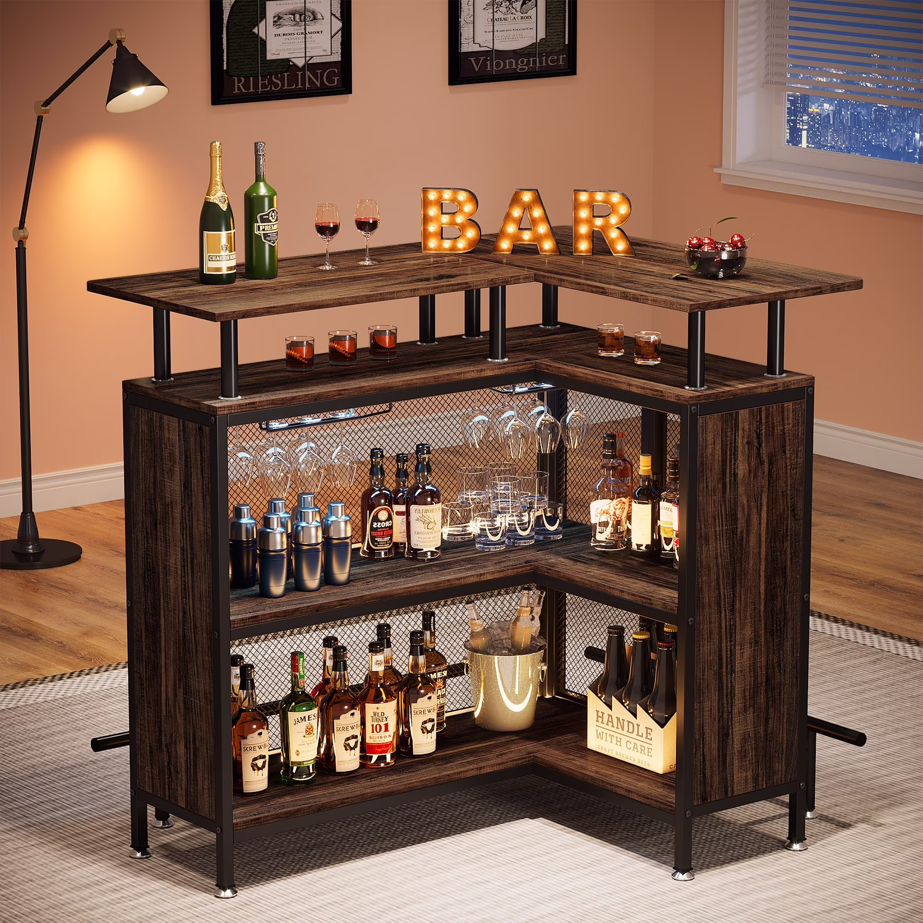 L-shape Home Bar Unit, Liquor Bar Table with 2-Tier Storage - N/A Black