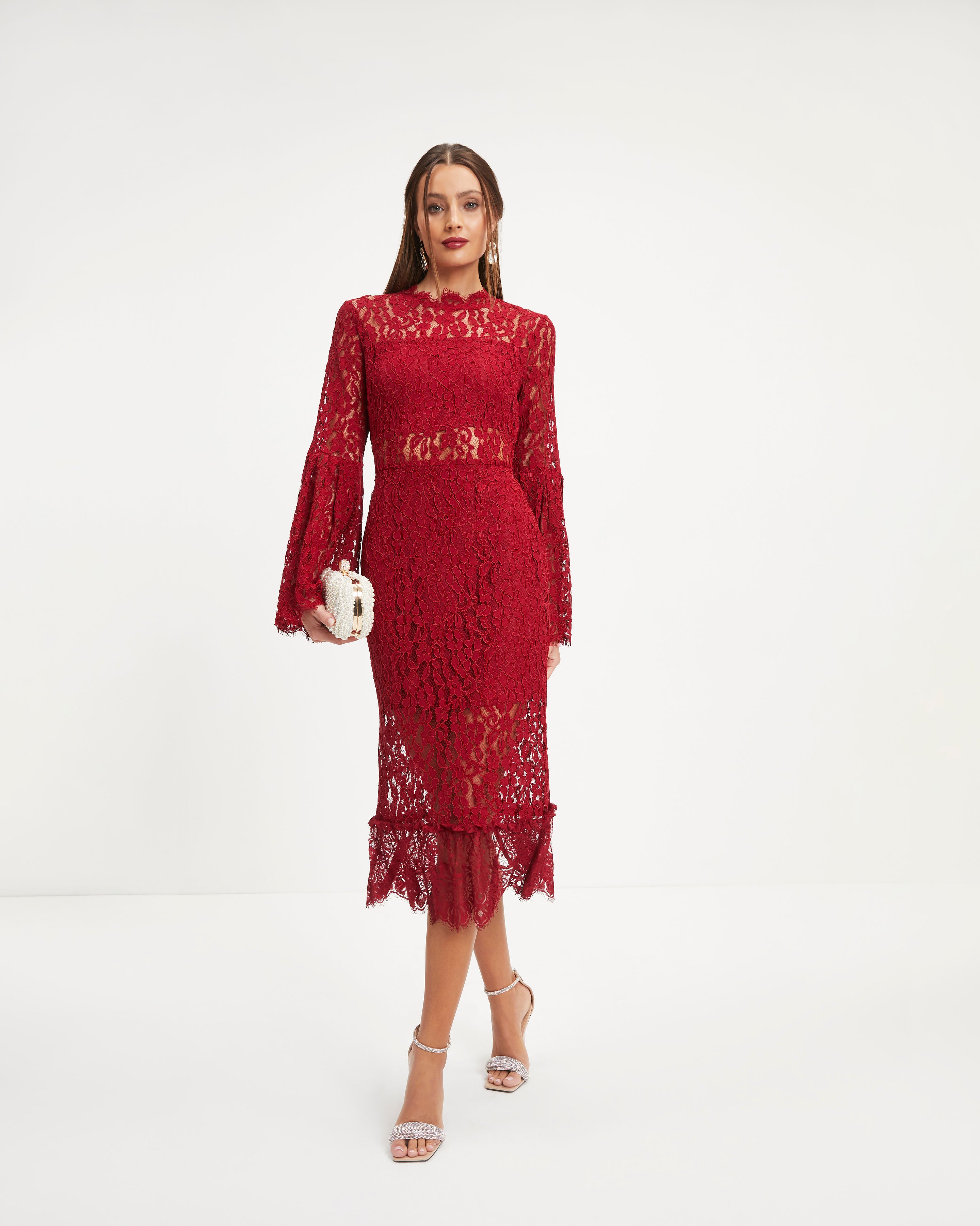 Love Story Baby Lace Bell Sleeve Midi Dress - Wine - Se7enfashion