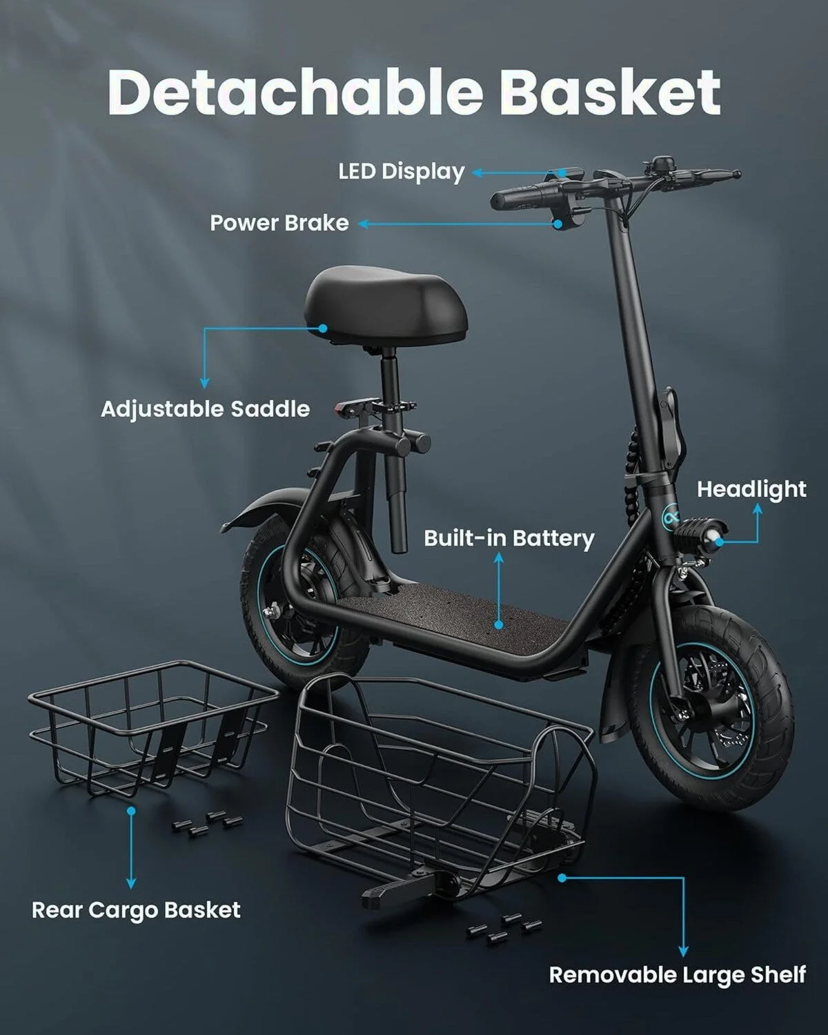 Gyroor Electric Scooter With Basket And Seat, 550W, 20 Mile Range, Black-FP9 - C1S - Image 3 Gyroor Electric Scooter With Basket And Seat, 550W, 20 Mile Range, Black-FP9 - C1S - Image 3