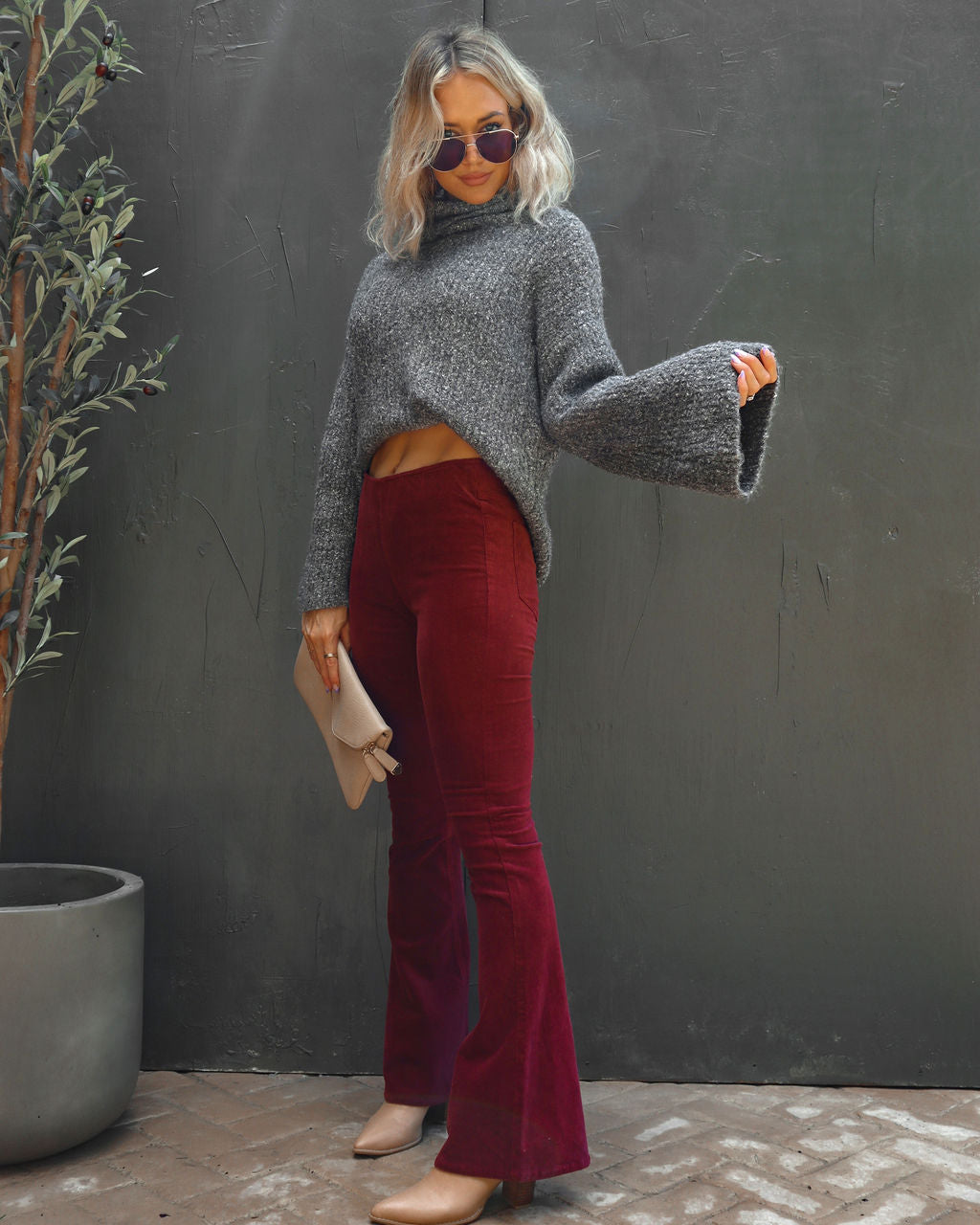 Sophie High Rise Bell Bottom Corduroy Pants - Burgundy - Se7enfashion