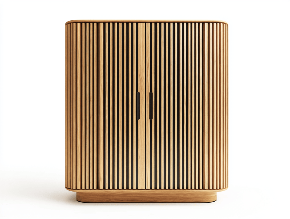 Armario de diseño moderno – roble natural y negro – con puertas curvas de lamas verticales