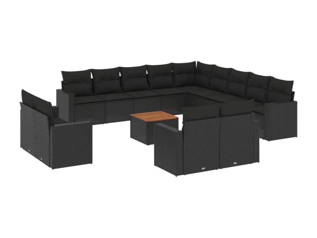 Set sofás de jardín 14 pzas con cojines ratán sintético negro