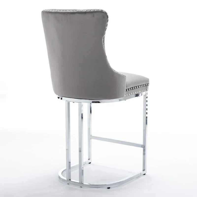 Contemporary Set of 2 Bar Stools with Button-Tufted Back and Studded Trim, Chrome Metal Base - Ideal for Dining Room, Living Room, and Bedroom