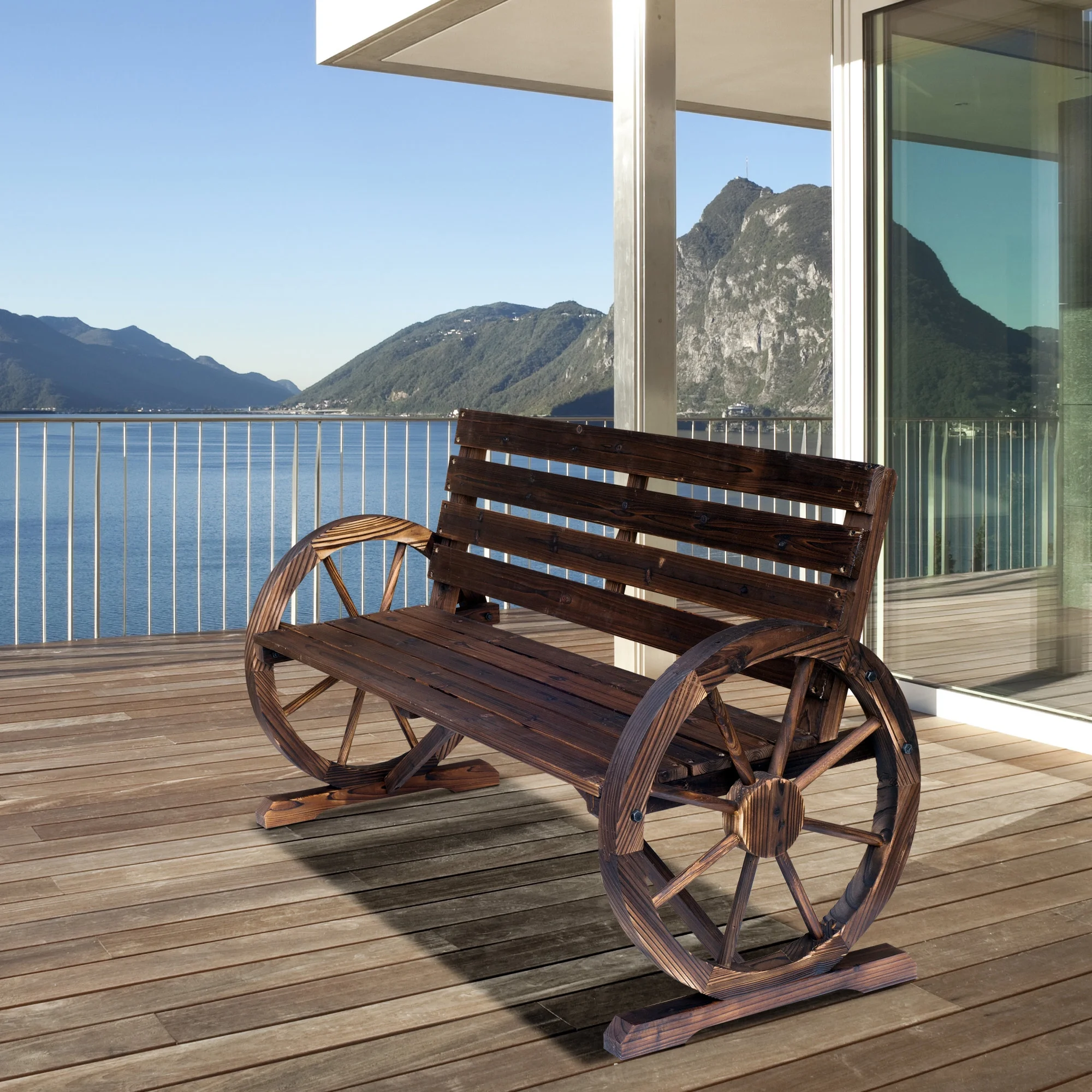 Outsunny Wooden Wagon Wheel Bench Rustic Outdoor Patio Furniture, 2-Person Seat Bench with Backrest Carbonized - Image 2