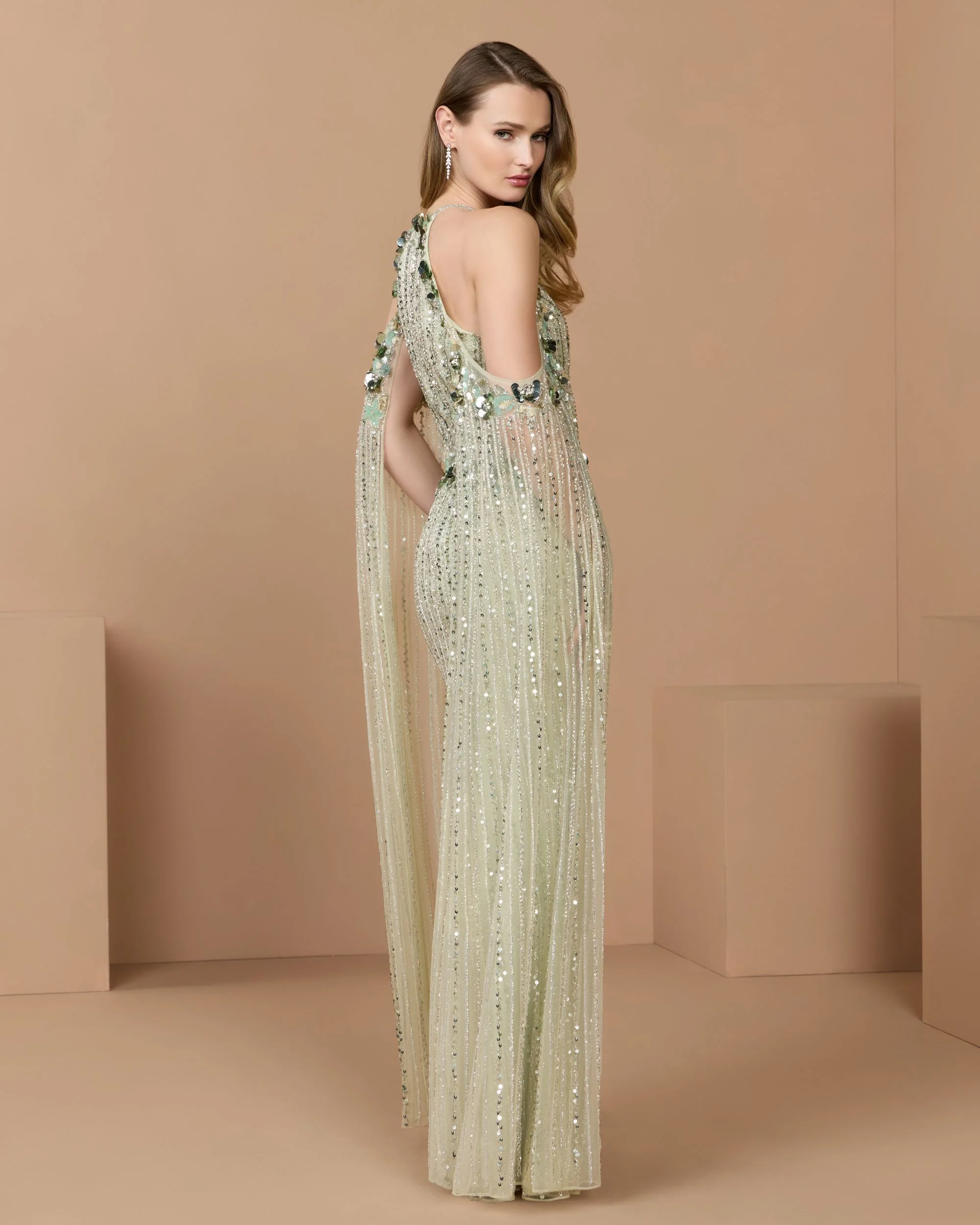 Green Embellished Column Gown With Cape Sleeves - Special Events Unlimited
