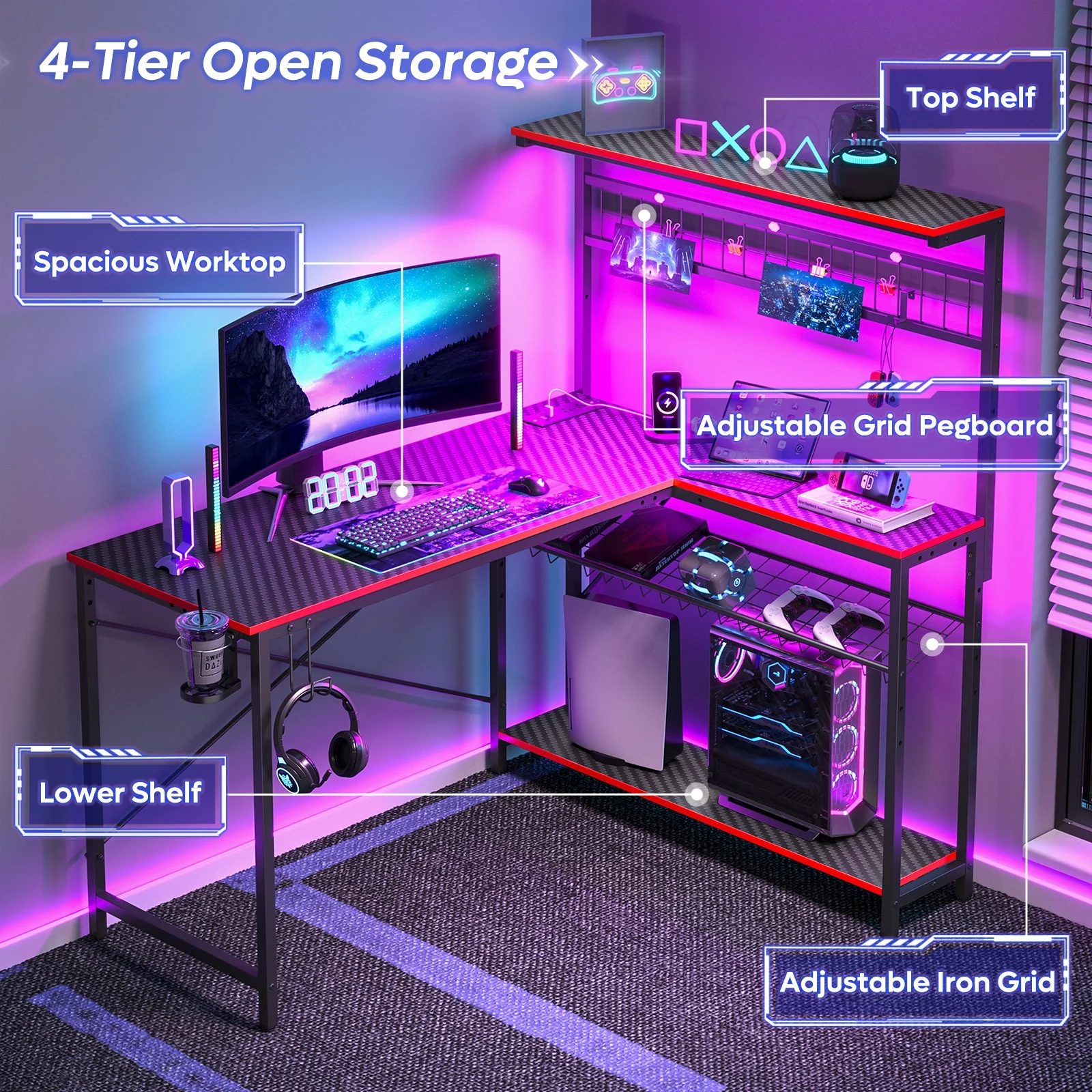 Bestier 51 L Shaped Gaming Desk with Power Outlets & LED Light, Computer Desk with 4 Tiers Shelves for Home Office, Reversible Gamer Table with Hooks and Cup Holder, Carbon Fiber - Image 22