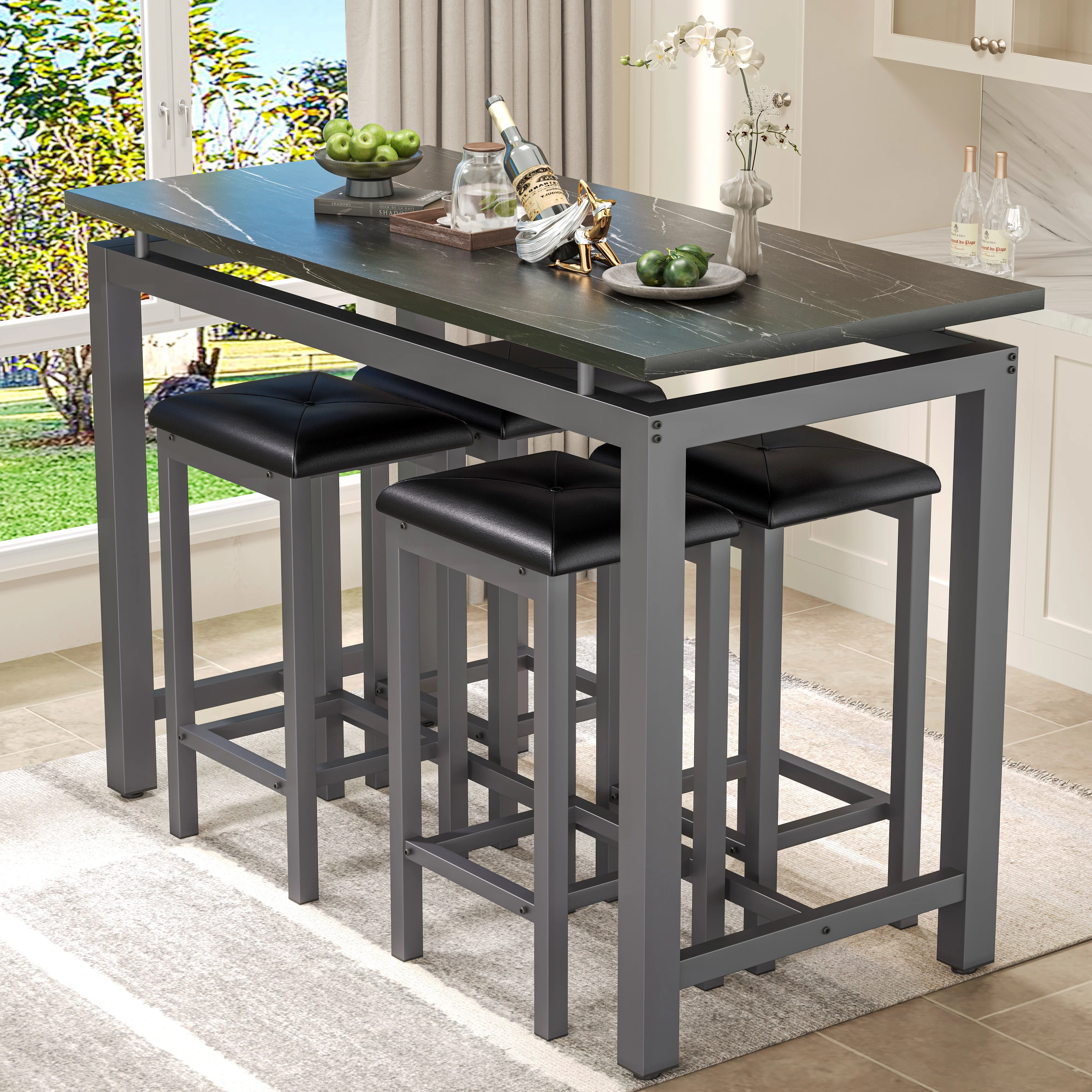 Counter Height Table Set of 5, Breakfast Bar Table and Stool Set, Minimalist Dining Table with Backless Stools, Wood Top Pub Table & Chair Set for Kitchen Apartment Bistro - Space Saving - Image 31
