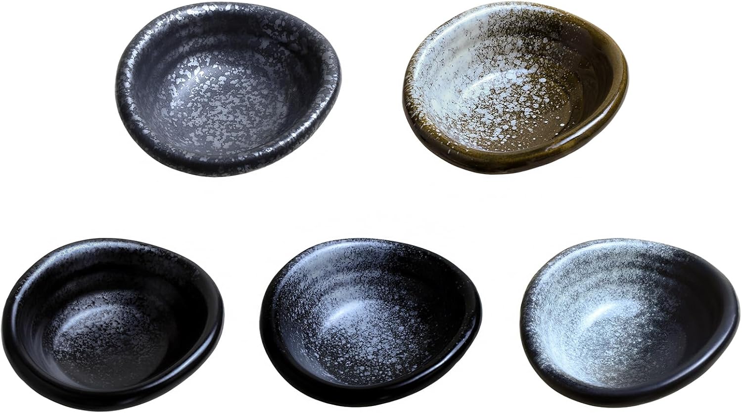 Set of 5 Japanese Vintage Style Ceramic Side Dishes - Brown and Blue Leaves Dipping Bowls - Retro Seasoning Dishes - 3.5 Inch