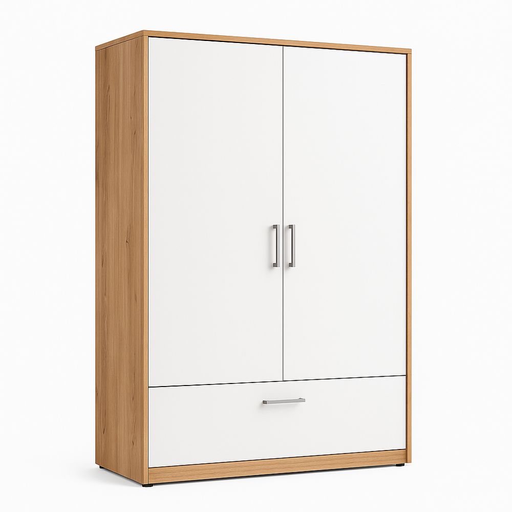 Armario moderno con puertas dobles y cajón inferior de madera clara y blanco,almacenamiento funcional para dormitorio o oficina