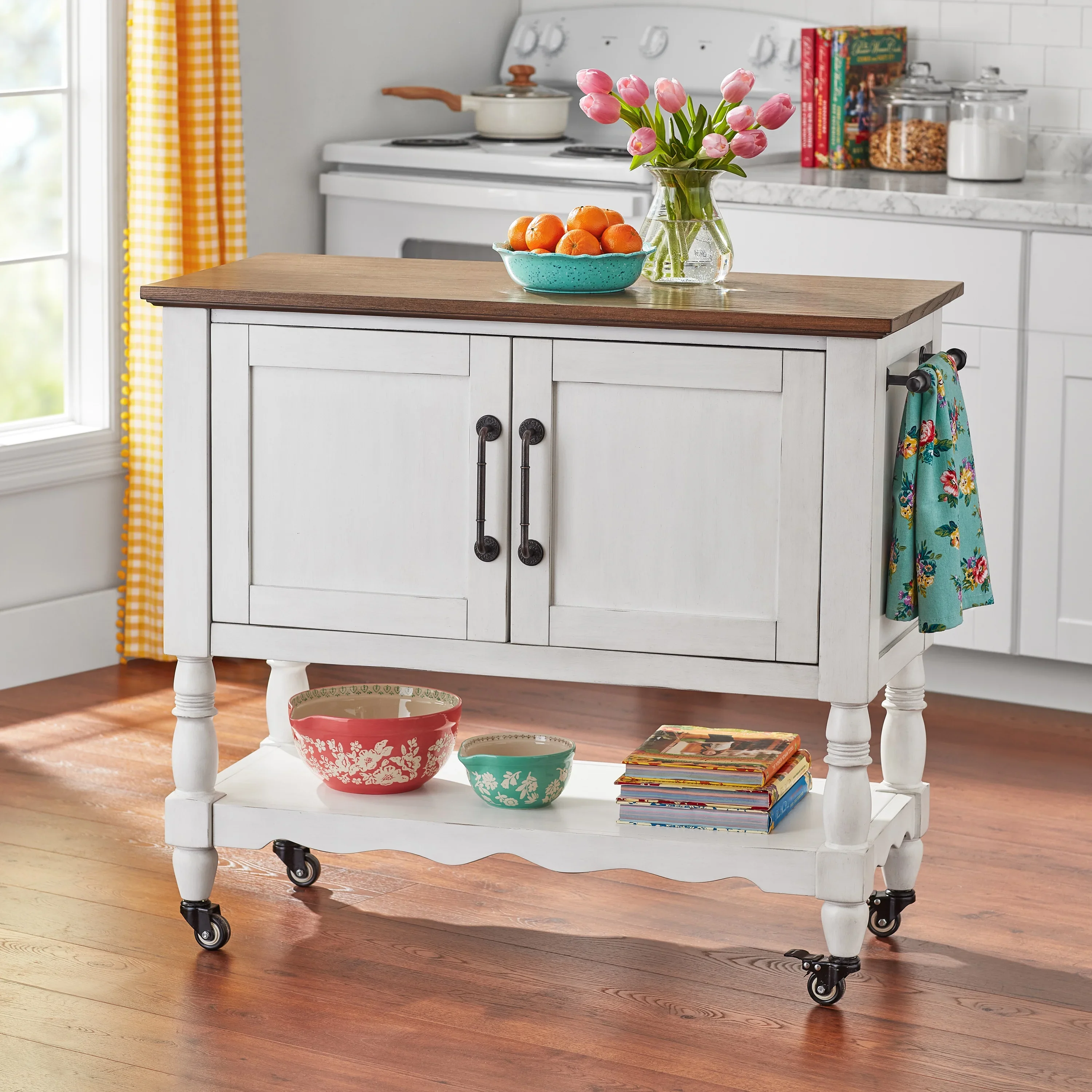The Pioneer Woman Two-Tone Kitchen Cart Made With Solid Wood Frame, White