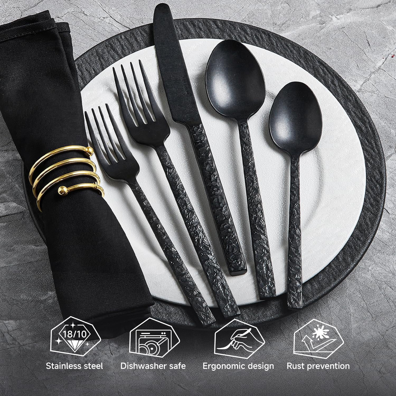 KINGSTONE 60 Pcs Black Hammered Silverware Set for 12, 18/10 Stainless Steel Heavy Duty Flatware Set, Tableware Cutlery Utensil Sets for Home Restaurant Dishwasher Safe