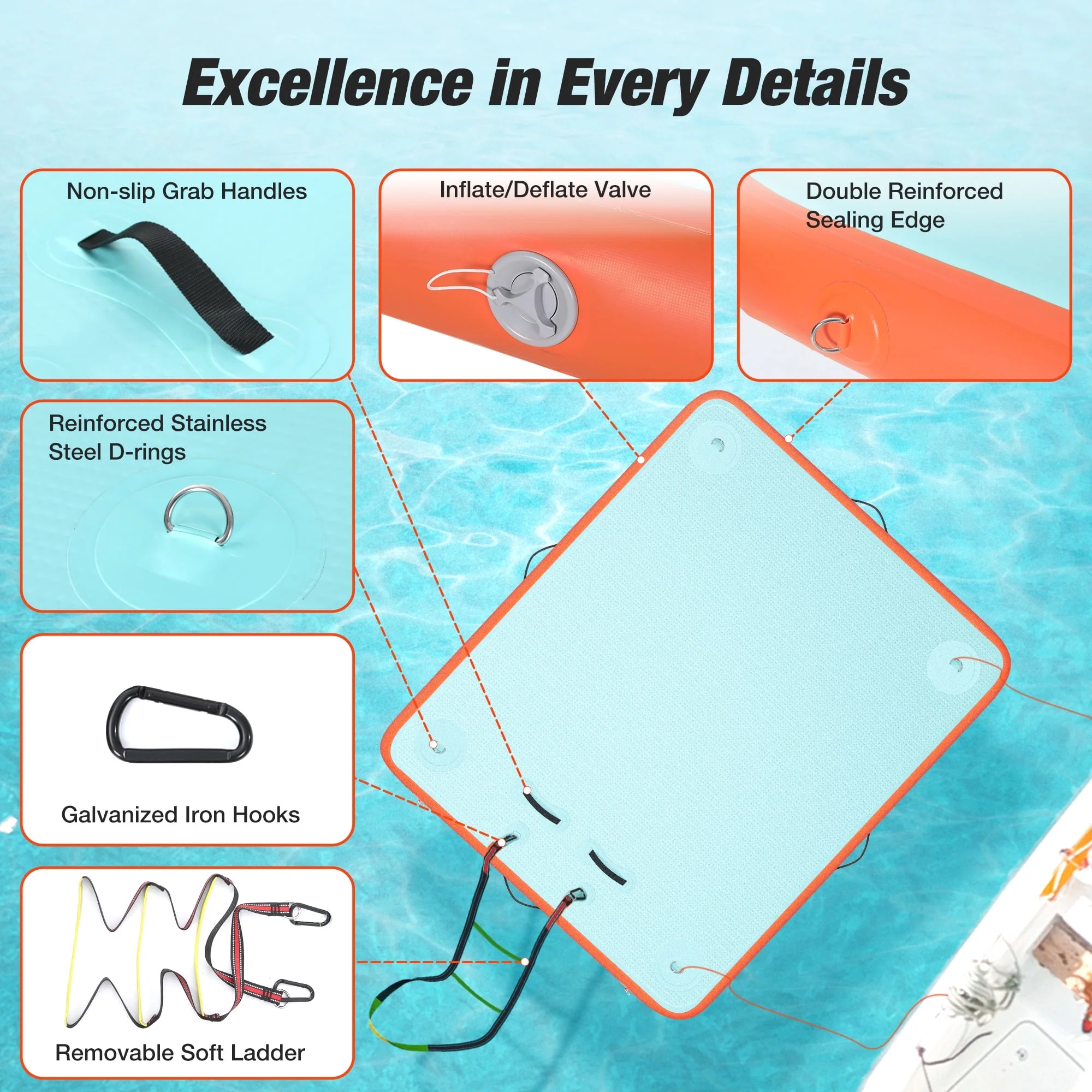 WARMOUNTS Inflatable Floating Dock, 8*6ft Air Inflatable Dock Platform, Non-Slip Water Island Float Raft with Rope Ladder for Ocean Lake River Boat - Image 4