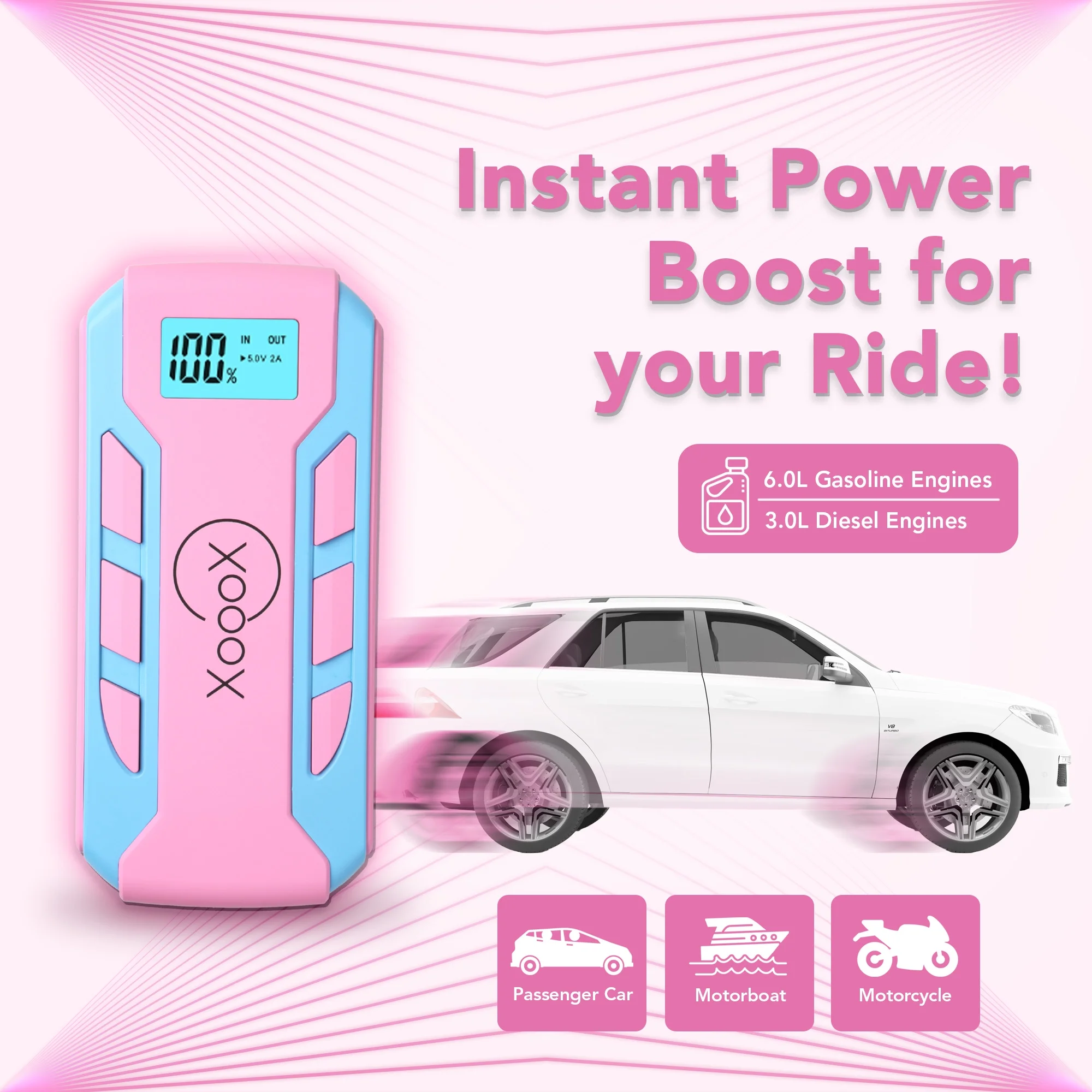 XoooX Pink Portable Car Battery Jump Starter Kit with Jumper Cables, LED Light and Case; 12V Jump Start Battery Pack; Portable Battery Charger for USB/USB-C Devices - Image 6