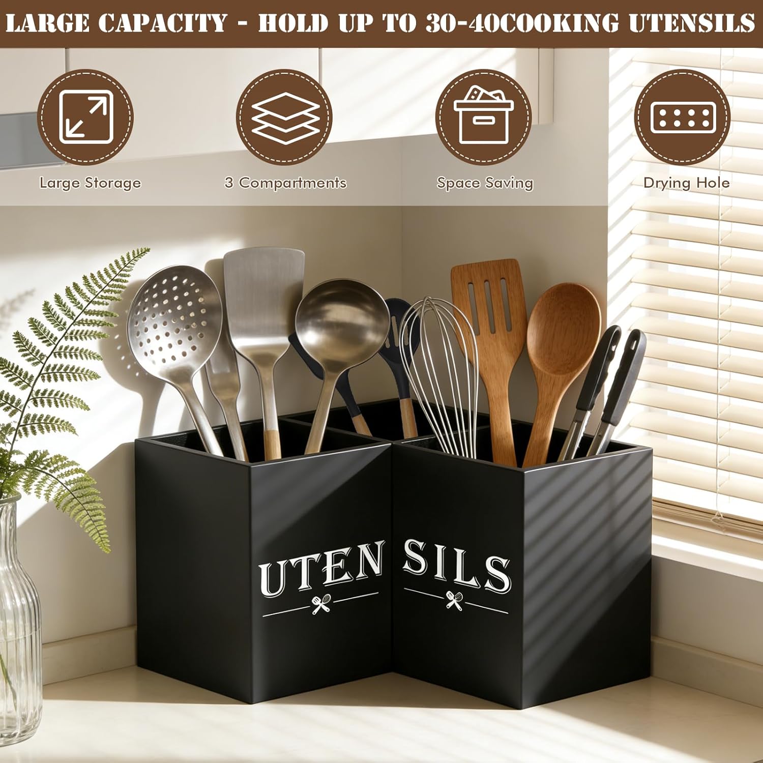 Large kitchen Utensil Holder, Wooden Utensil Organizer for Kitchen Countertop, Spatula and Spoon Cooking Holder with 3 Compartments, Black