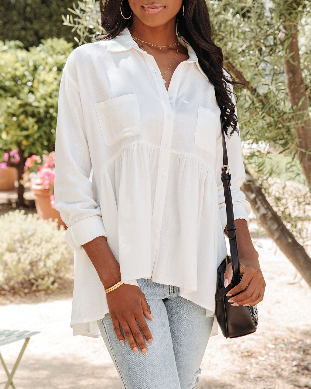 Peaceful Linen Blend Pocketed Button Down Babydoll Top - FINAL SALE - Se7enfashion
