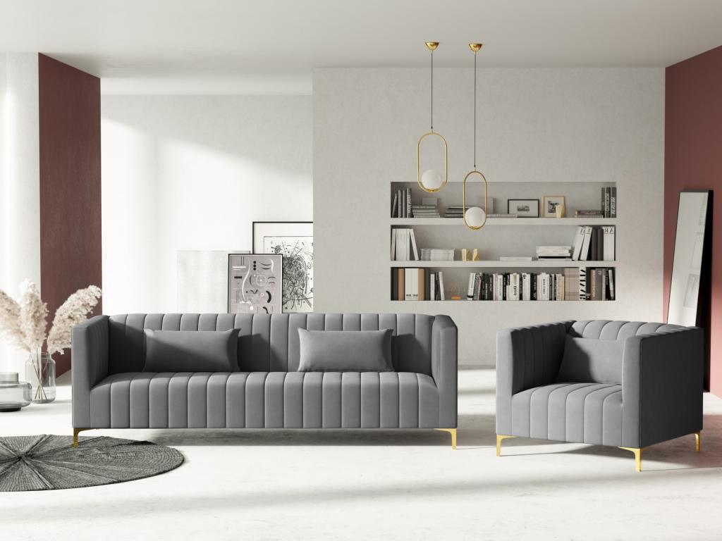 Mubdelu - Sofá "Acton" 3 plazas de terciopelo gris claro - 220x85x74cm