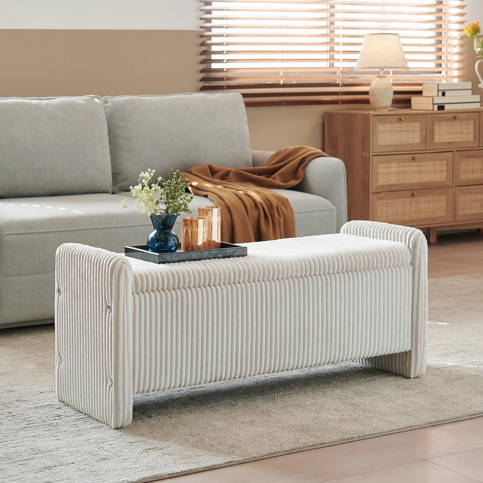 Pinmoco 44" Storage Ottoman Bench, Upholstered Entryway Bench with Storage End of Bed Bench for Bedroom& Living Room, Corduroy Gray - Image 14
