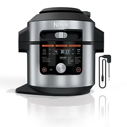OL701 14 in 1 SMART XL 8 Qt. Pressure Cooker Steam Fryer with SmartLid & Thermometer Auto Steam Release, that Air Fries, Proofs & More, 3 Layer Capacity, 5 Qt. Crisp Basket, Silver/Black