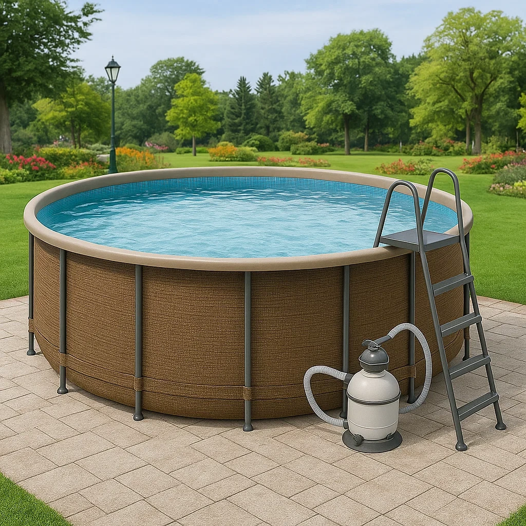 Piscina tubular redonda, diámetro 358x98 cm, color marrón con gris, incluye filtro y escalera QOaqory277Id