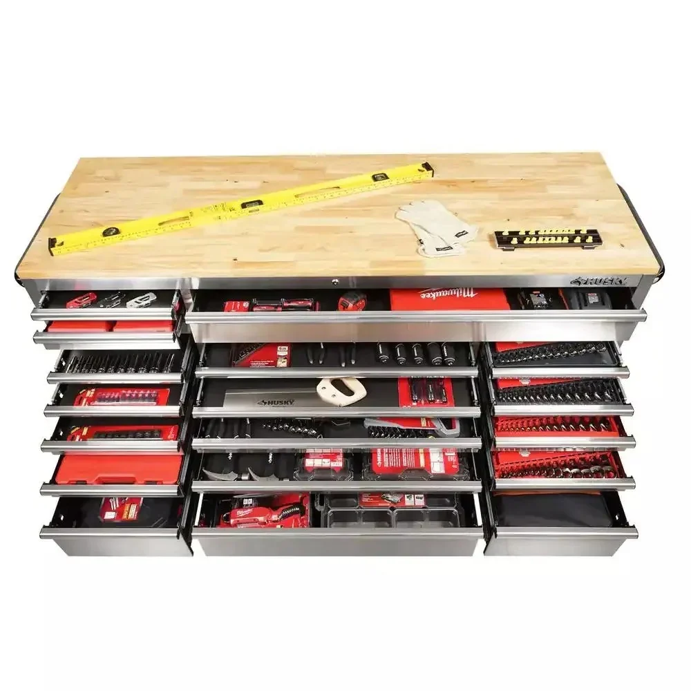 72 in. 18-Drawer 24 in. D Mobile Workbench With Solid Wood Top - Stainless Steel - Image 5 72 in. 18-Drawer 24 in. D Mobile Workbench With Solid Wood Top - Stainless Steel - Image 5