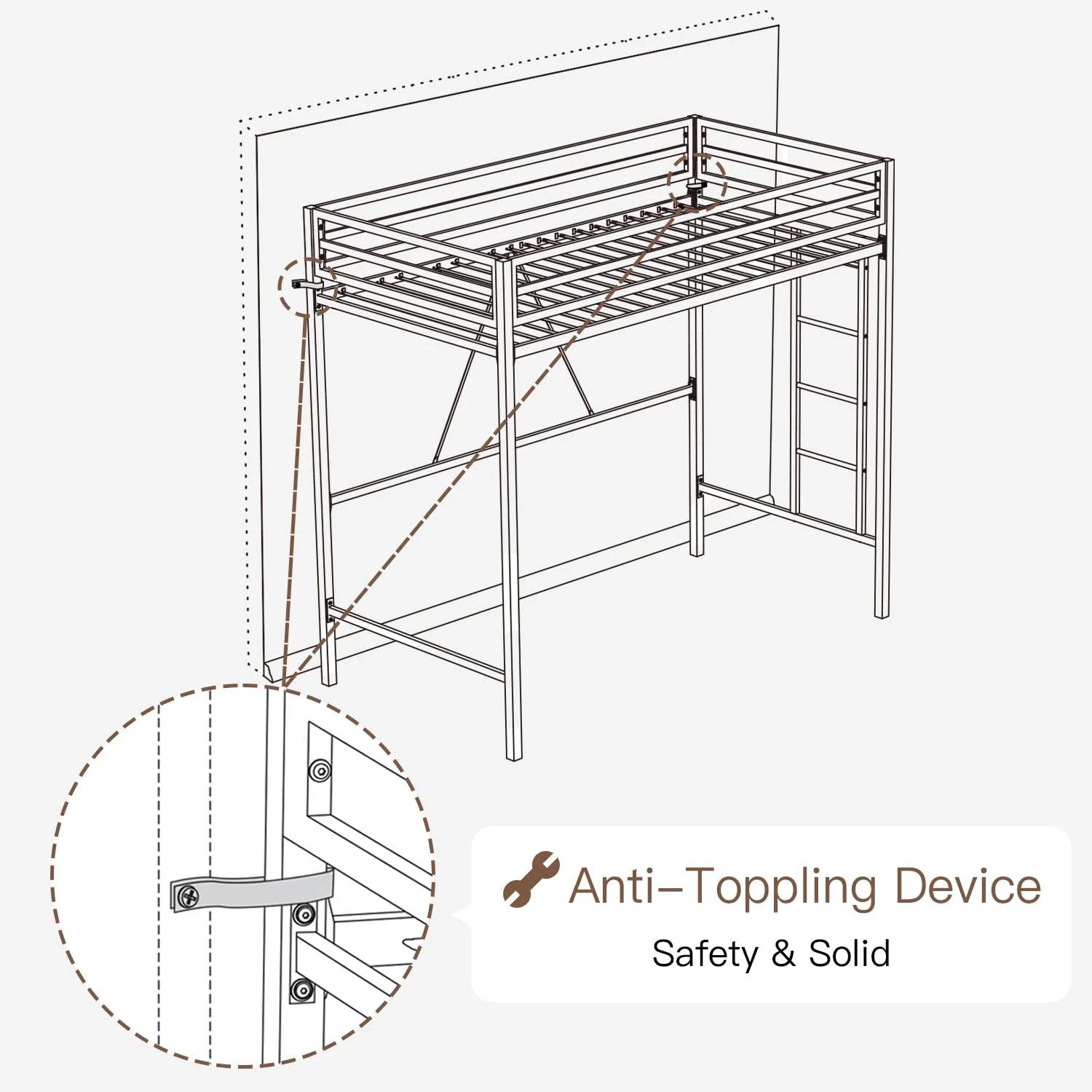 Einfach Metal Twin Size Loft Bed with Removable Ladder & Full-Length Guardrail, White - Image 20