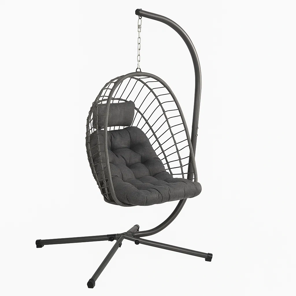 Sillón colgante de 1 plaza con estructura metálica, Resina trenzada gris y cojín gris - lVebsNm257wC