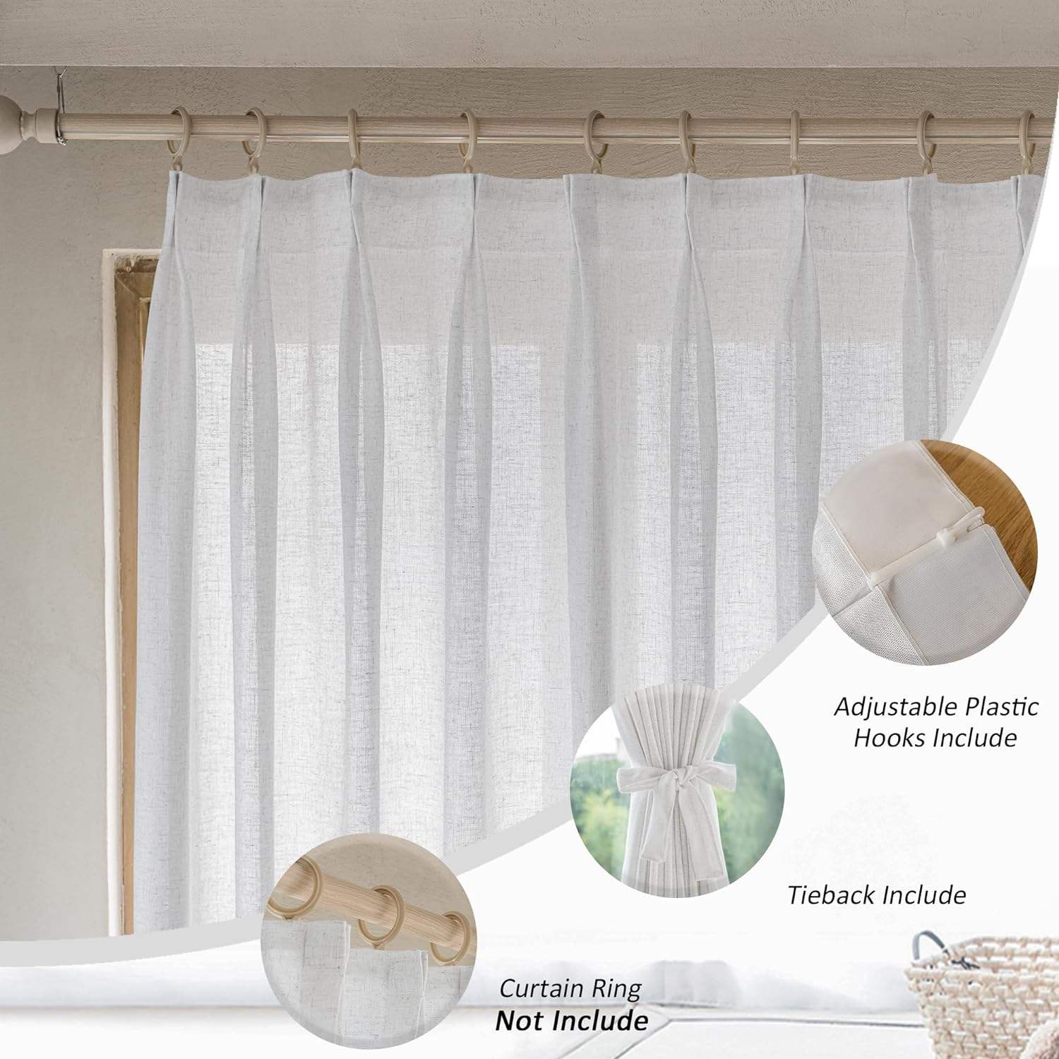 Lightweight White Linen Look Curtains Breathable Flax Fabric Polyester for Home and Hotel Use