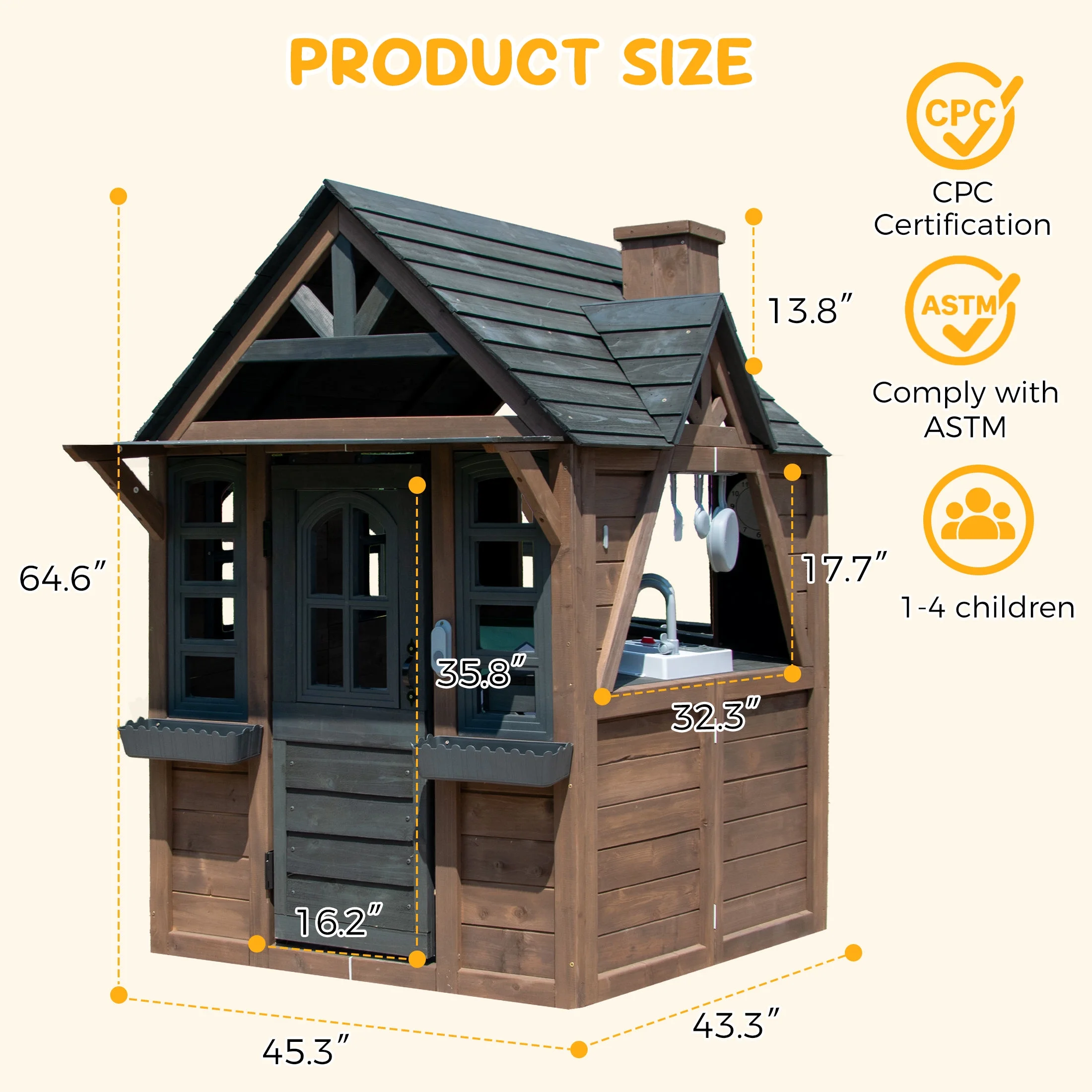 COCLUB Outdoor Playhouse for Kids Ages 4-8, Wooden Play House with Doorbell, Phone, Kitchen Toys, Outdoor Kids Play Equipment, Casa Para Ni?as (45-L x 65-H), White & Black - Image 27