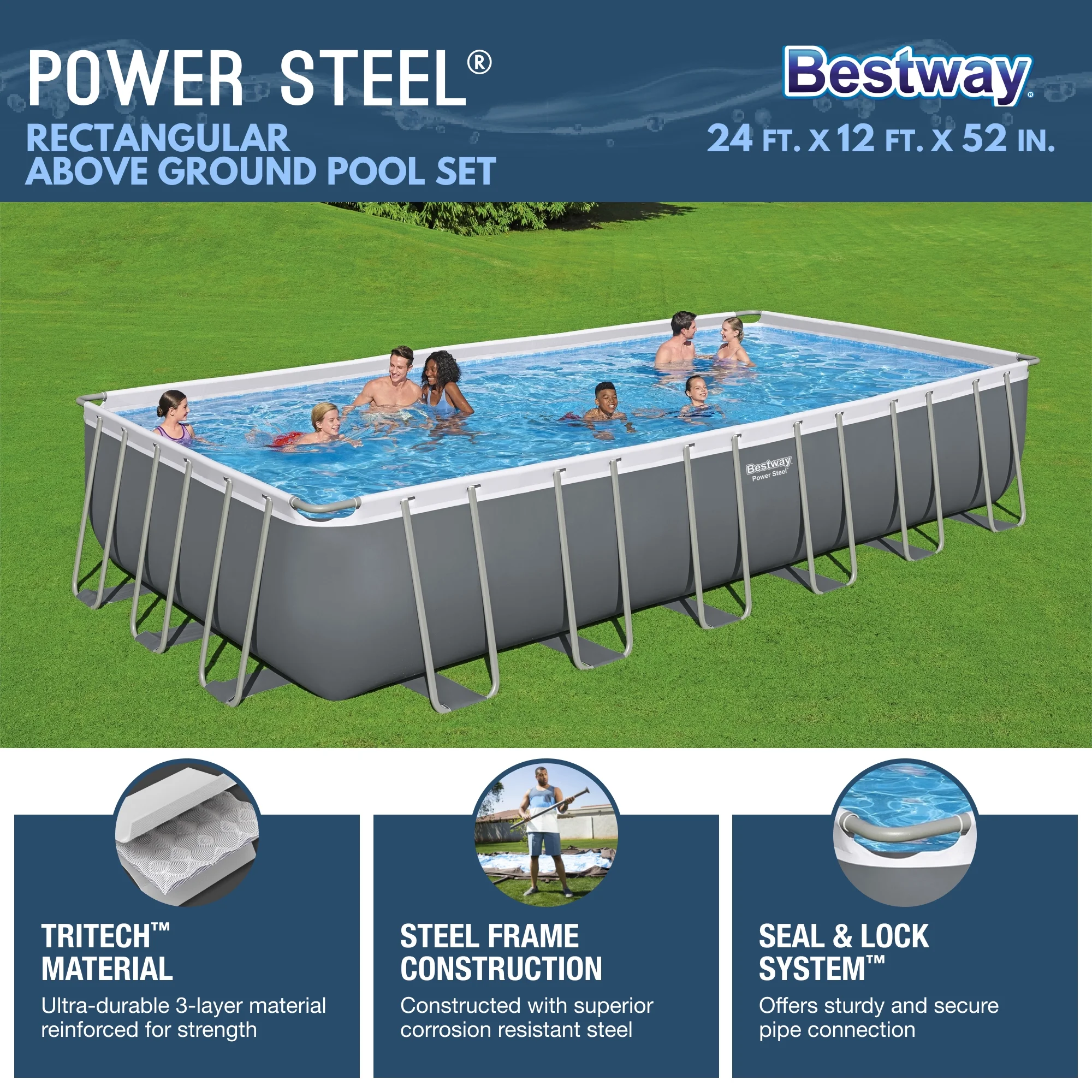 Bestway 24' x 12' x 52" Rectangular Frame Above Ground Swimming Pool Set - Image 19