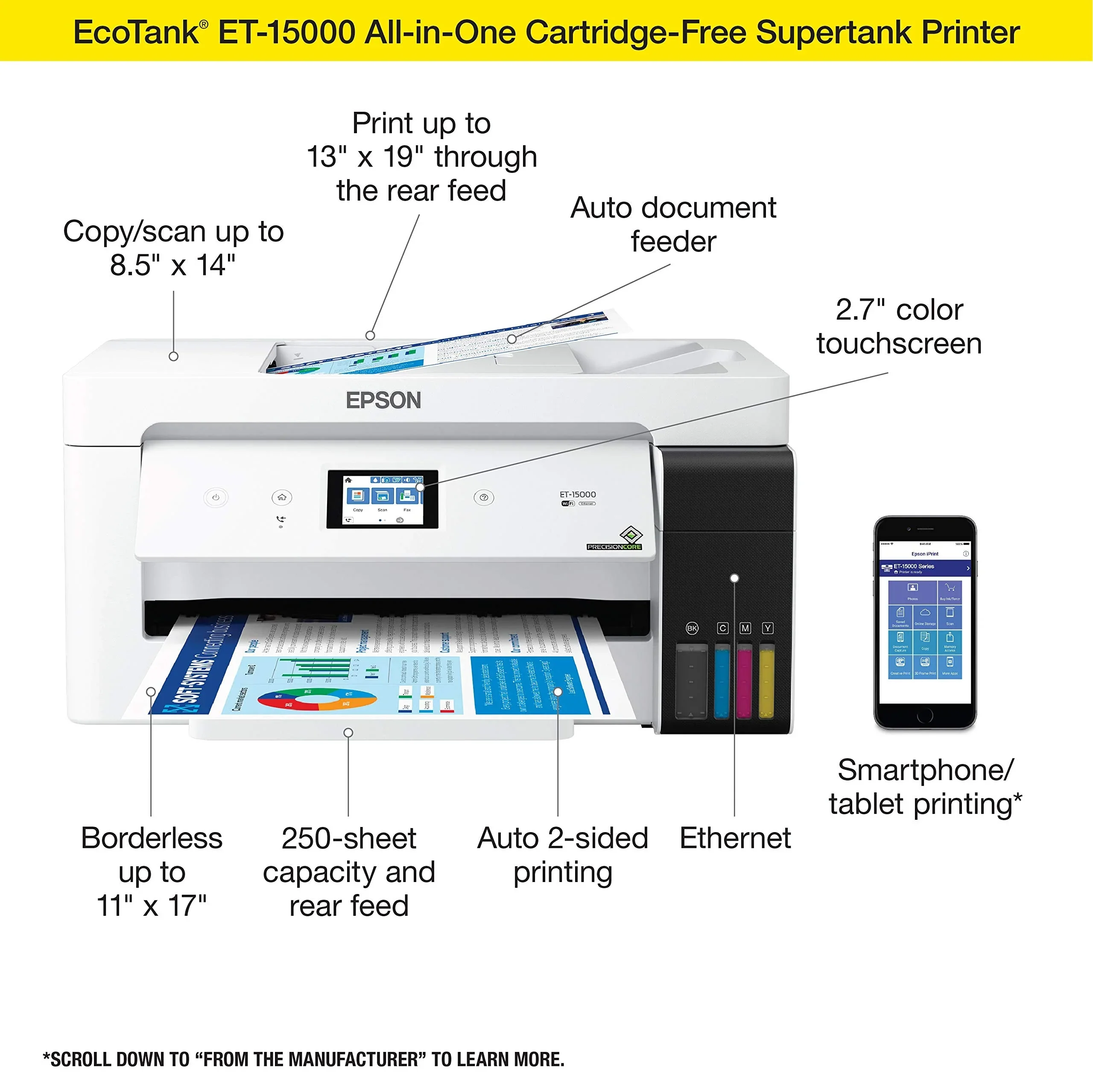 Epson EcoTank Wireless Color All-In-One Supertank Printer With Scanner, Copier, Fax And Ethernet - ET-15000 - Image 3 Epson EcoTank Wireless Color All-In-One Supertank Printer With Scanner, Copier, Fax And Ethernet - ET-15000 - Image 3