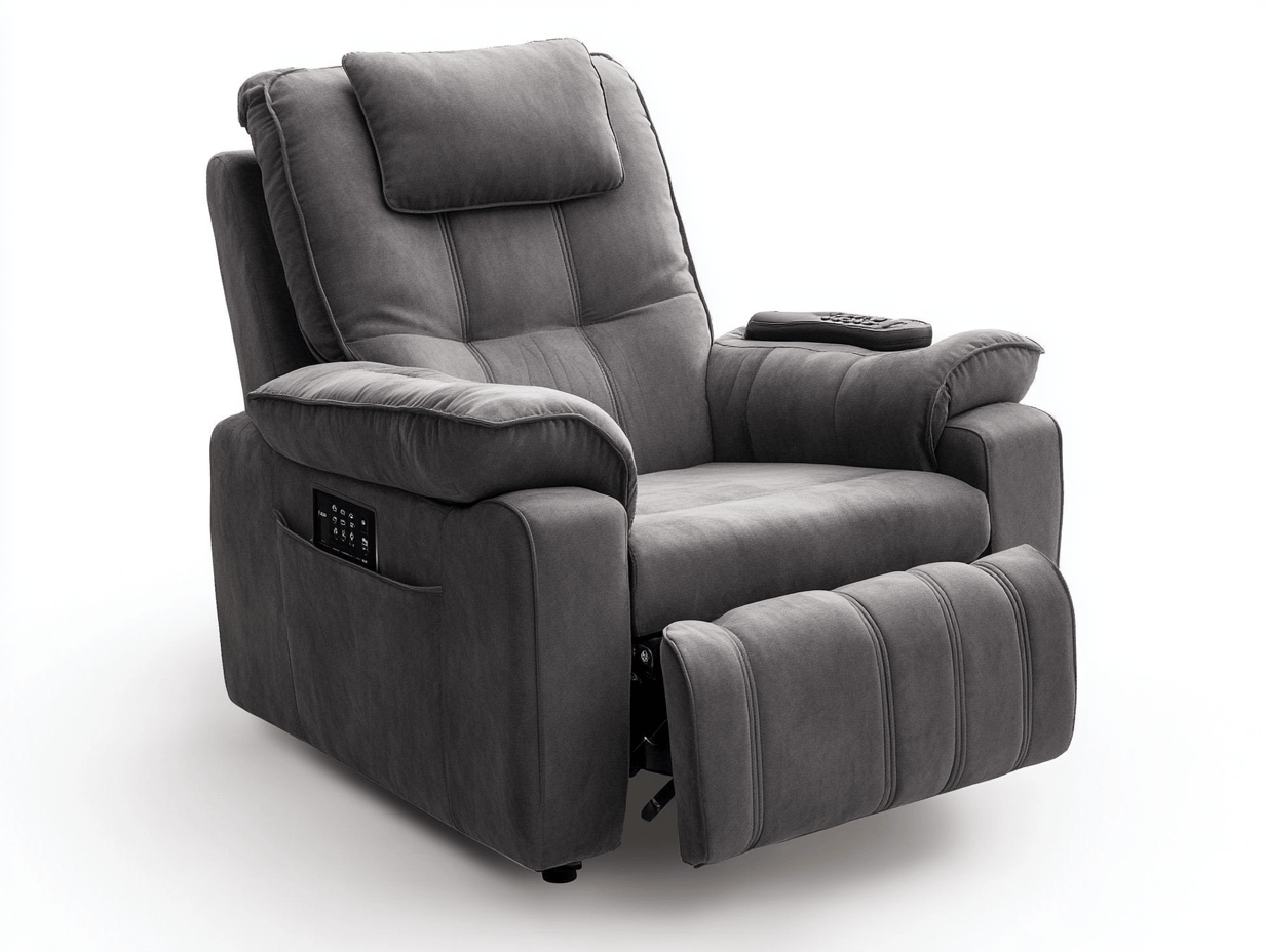 Sillón reclinable eléctrico de tela negra con mando y funciones avanzadas