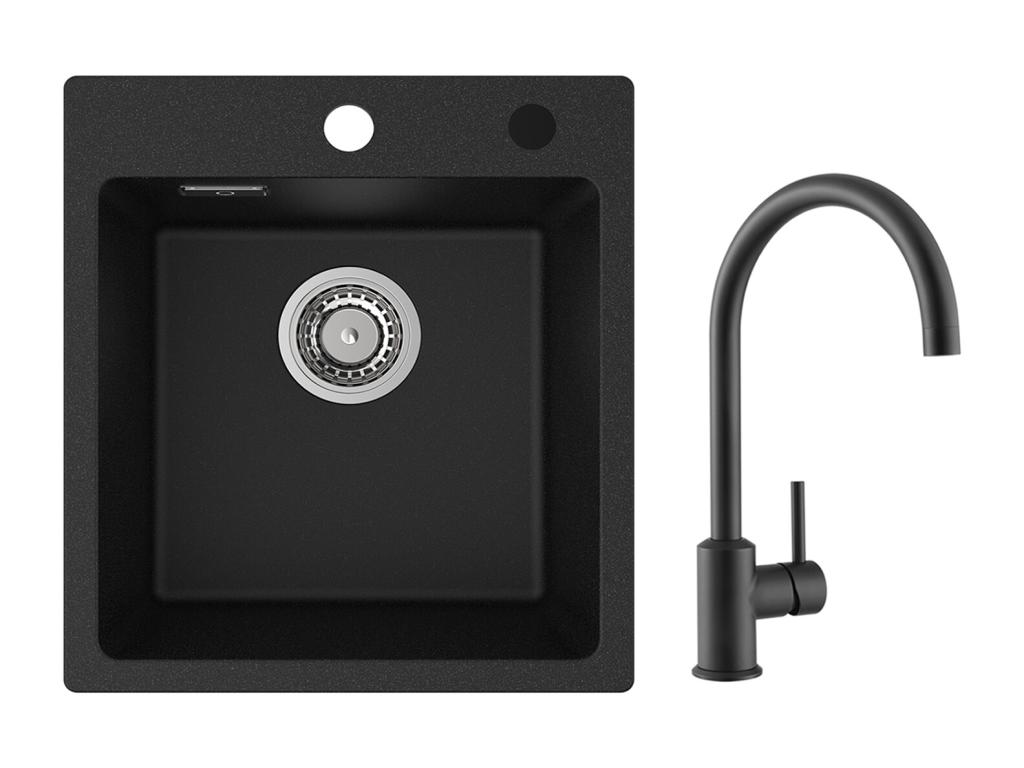 Fregadero de cocina Casaplu 40x45 cm negro en cuarzo y resina 1 seno + mezclador de cocina de acero inoxidable negro