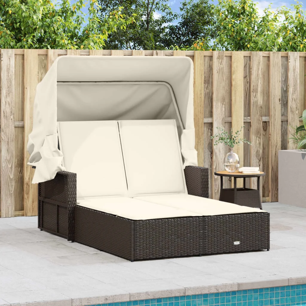 vidaXL Powder Coated Steel Removable Canopy and Cushions Double Sun Lounger, Beige - Image 43