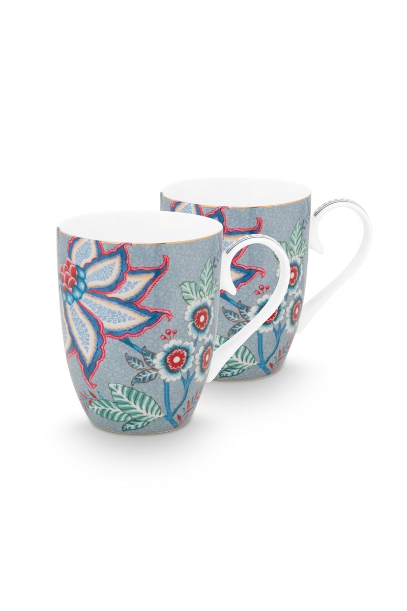 Set/2 Mugs Large Flower Festival Light Blue