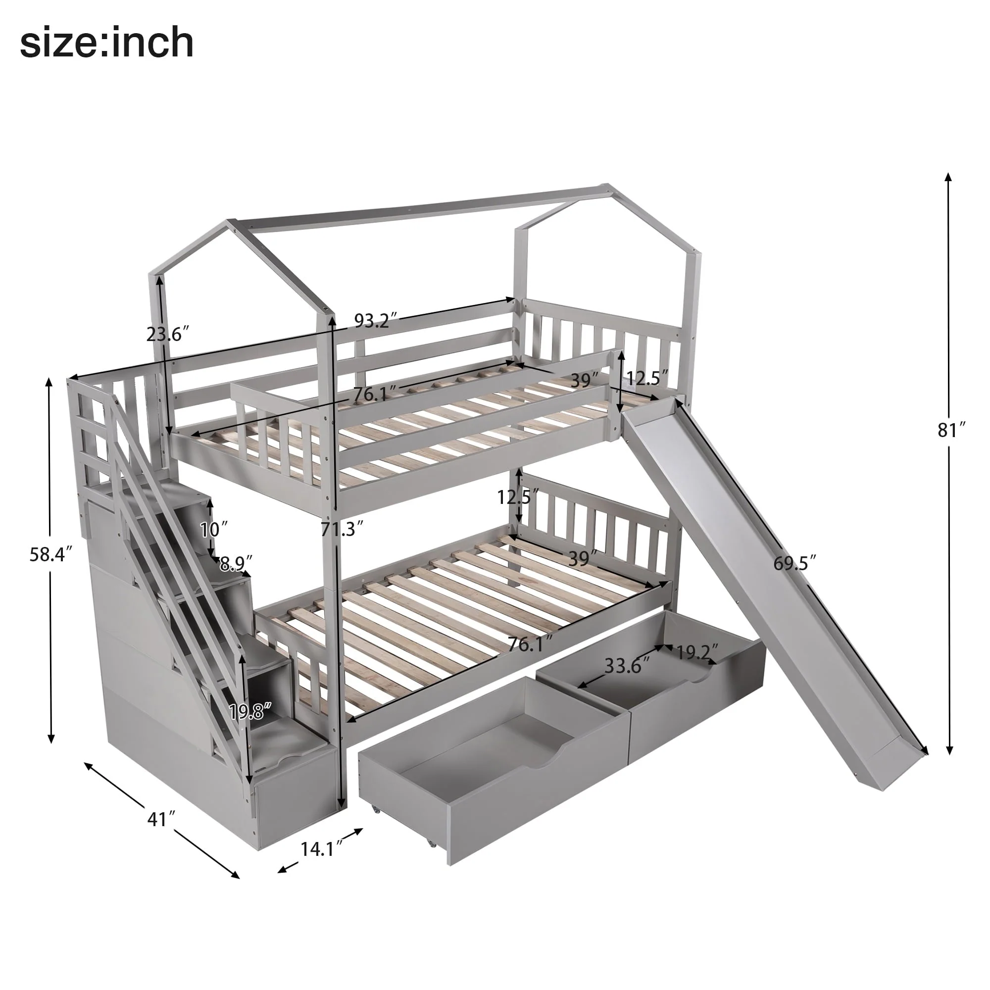 Bellemave Twin Over Twin House Bunk Bed with Slide and Stairs,Wooden Bunk Bed with Storage Drawers,Playhouse Bed for Kids,Teens(Gray) - Image 5