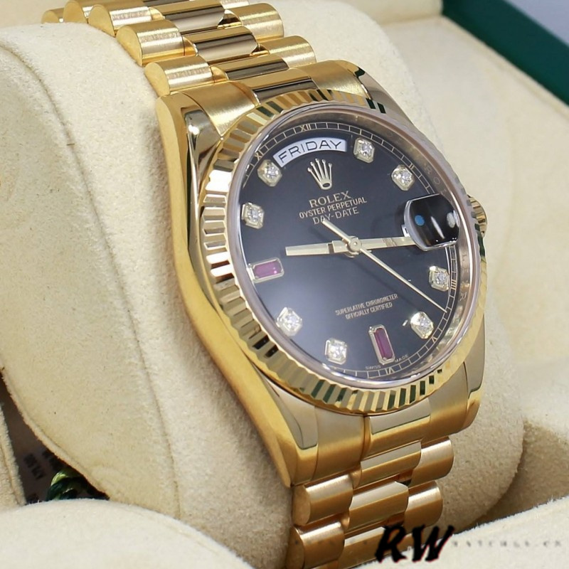 Rolex Day Date 118238 Black Diamond Dial Fluted Bezel 36mm Mens Replica Watch