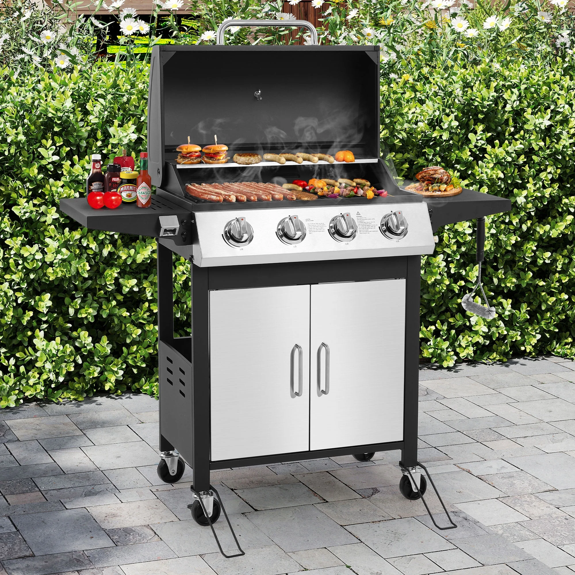 4-Burner Gas Grill with 4 Universal Wheels & Bottle Opener, 40000BTU Outdoor Grill with Side Table for Camping, Black & Sliver - Image 5