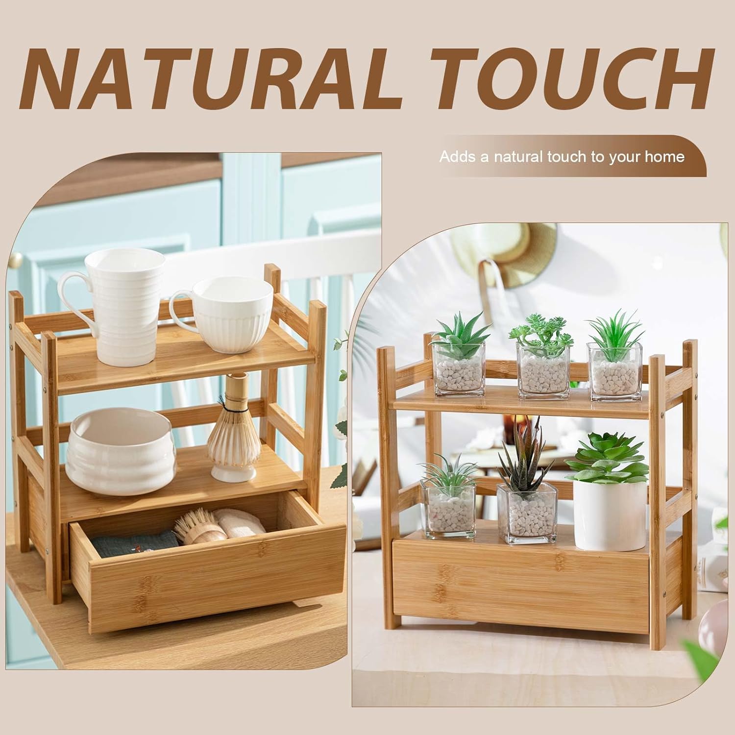 Chunful 2 Tier Matcha Station Bamboo Organizer with Hidden Drawer, Wood Home Coffee Station Organizer for Kitchen Countertops, Coffee Bars, Kitchen & Office Storage(13 L x 6.5 W x 12.6 H)(Natural)