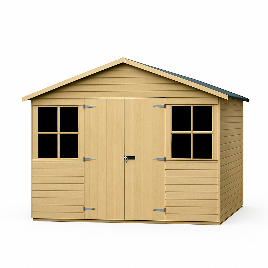 Caseta de jardín de madera, almacenamiento exterior con doble ventana y puerta central, 240 × 190 × 220 cm, color madera natural clara, ideal para guardar herramientas, equipos de jardinería y bicicletas