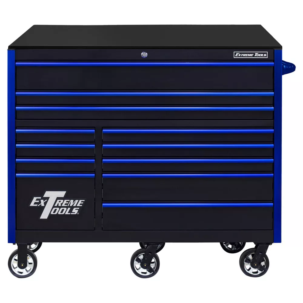 Extreme Tools RX Series 55" 12-Drawer Roller - Black w/Blue Drawer Pulls