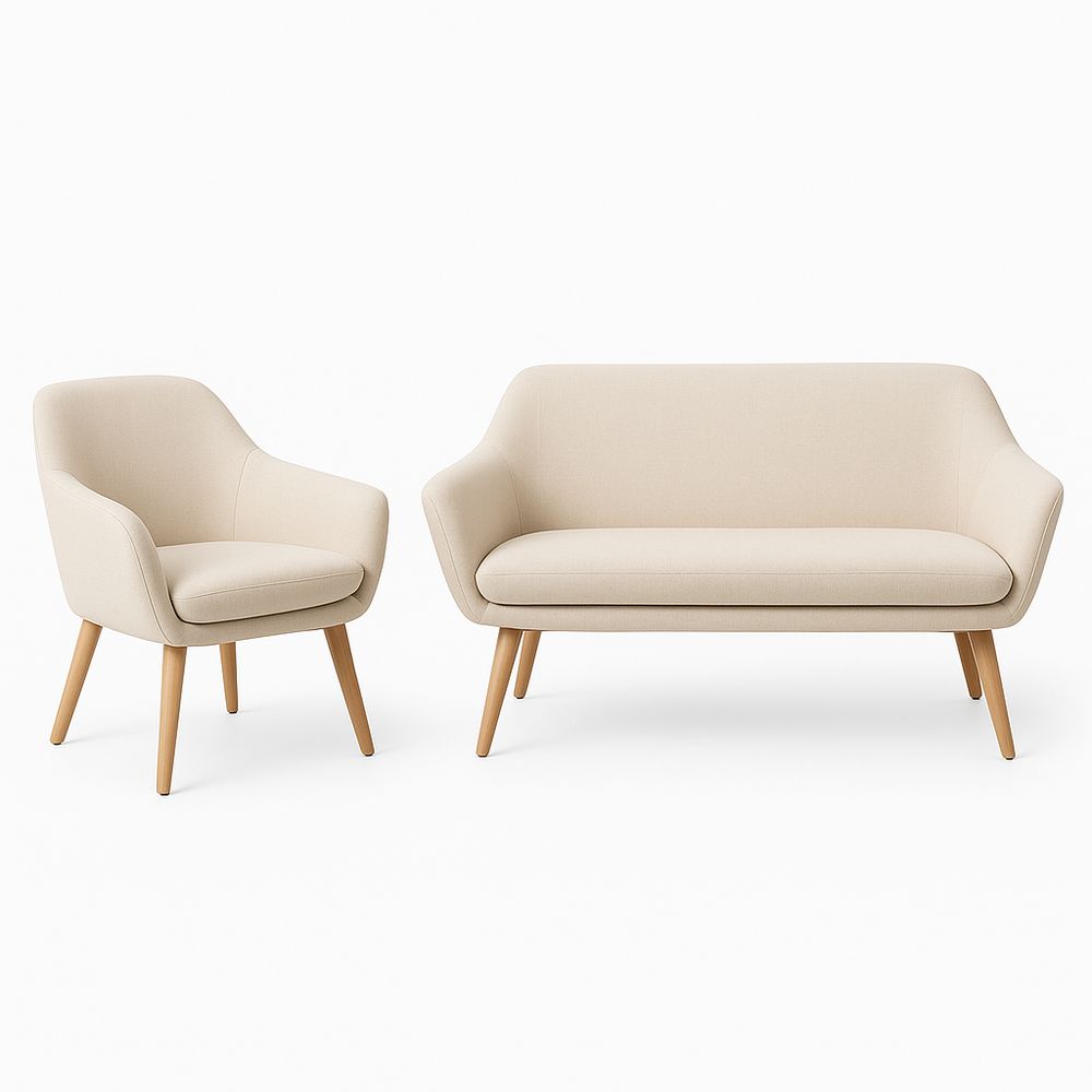 Sofá y Butaca Moderna de Tela Beiga con Patas de Madera,Conjunto Elegante para Sala de Estar,2 Plazas y 1 Plaza