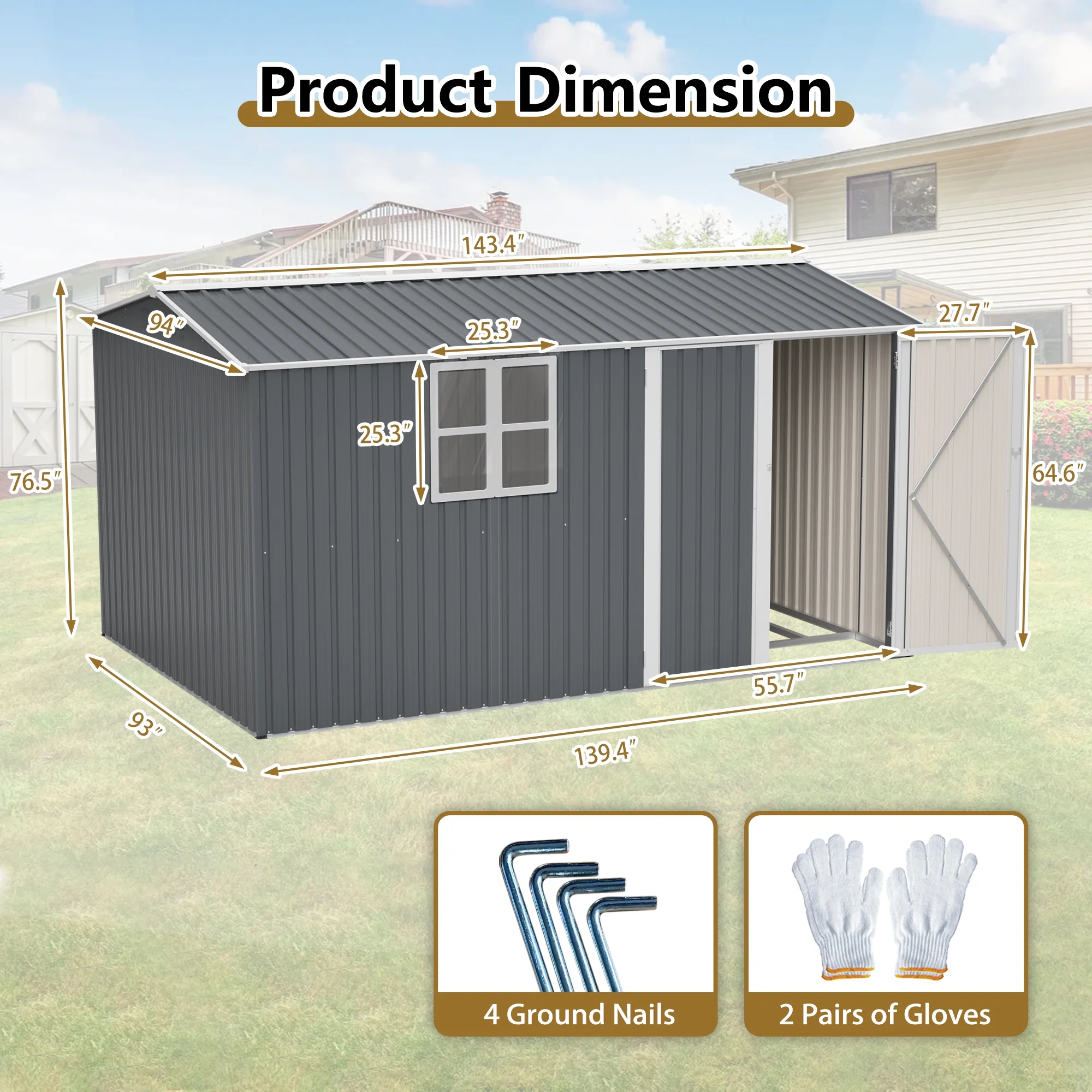 12x8 Ft Outdoor Storage Shed with Floor Frame, Metal Garden Tool Shed with Lockable Doors & Window, Ideal for Backyard Garden Patio Lawn, Grey - Image 2