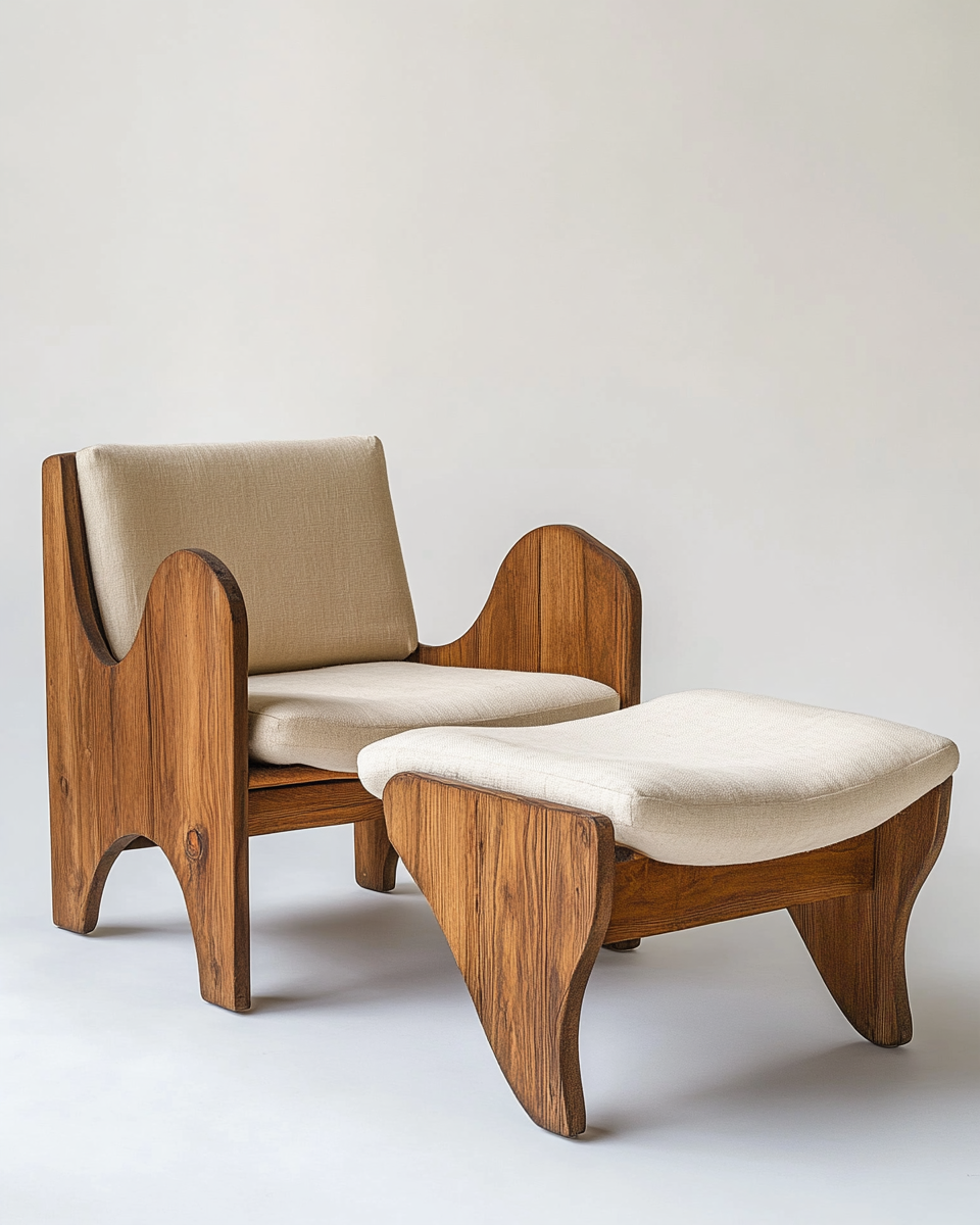 Sillón de madera con reposapiés estilo retro moderno